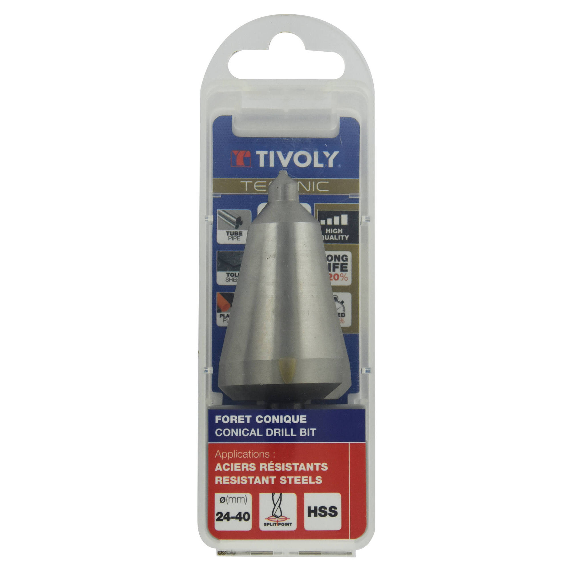 Broca CÓNICA LISA HSS | Norma Tivoly | Afilado SPLIT POINT (Caja colgante) / ØMin/Max : 24/40