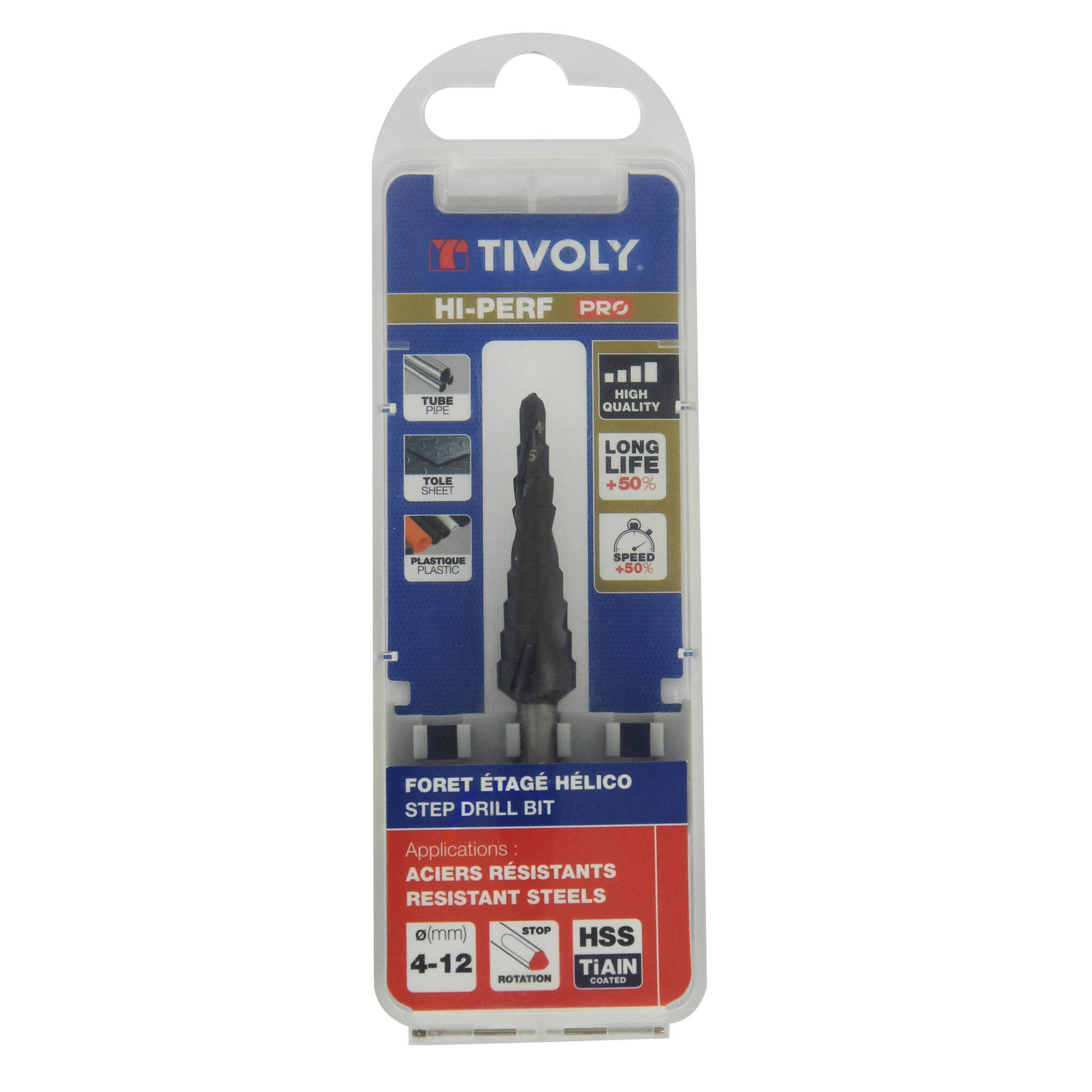 Broca ESCALONADA HSS | Recubrimiento TiAIN | Norma Tivoly | Canal Helicoidal| Afilado SPLIT POINT | Mango 3 caras planas (Caja colgante) / ØMin/Max : 4/12