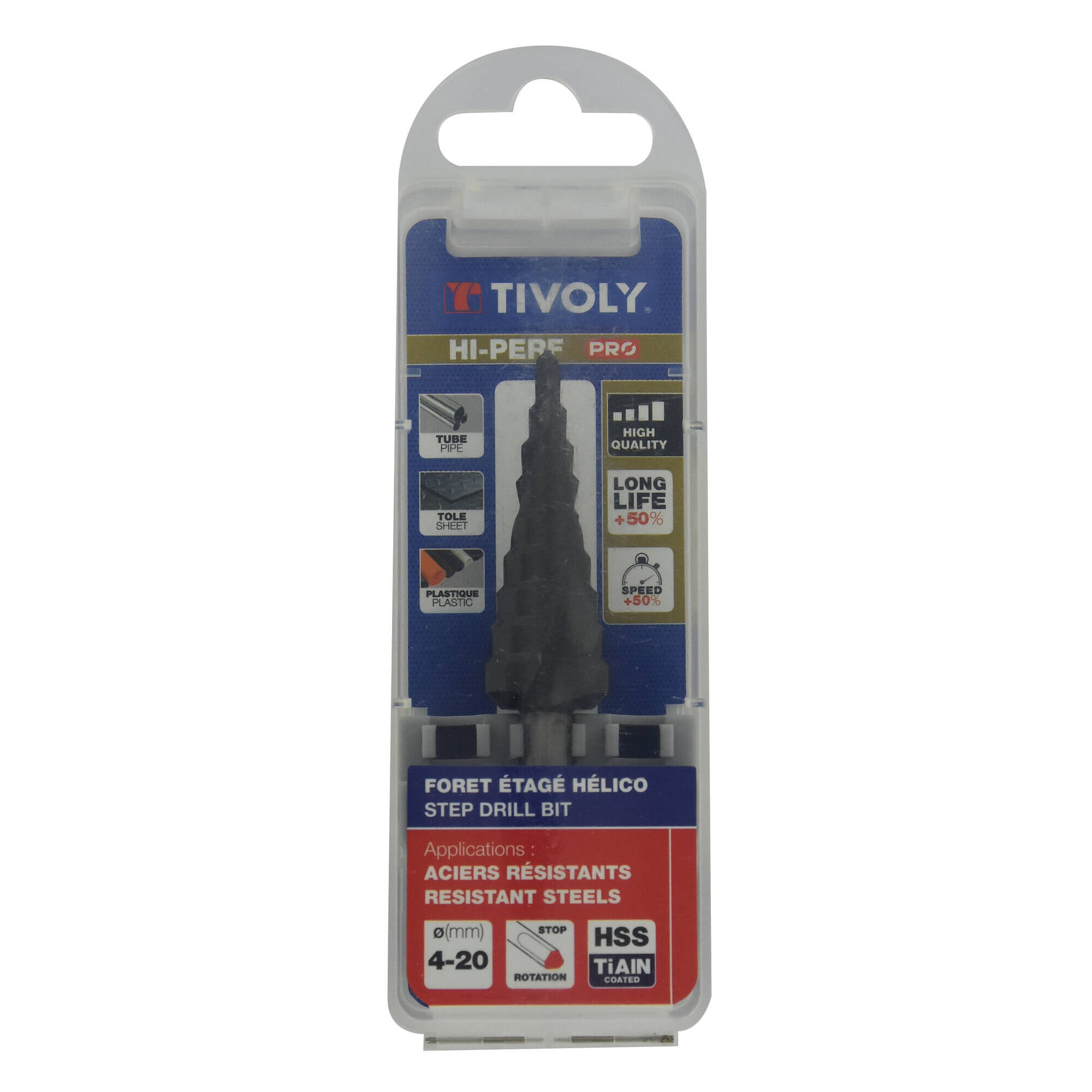 Broca ESCALONADA HSS | Recubrimiento TiAIN | Norma Tivoly | Canal Helicoidal| Afilado SPLIT POINT | Mango 3 caras planas (Caja colgante) / ØMin/Max : 4/20