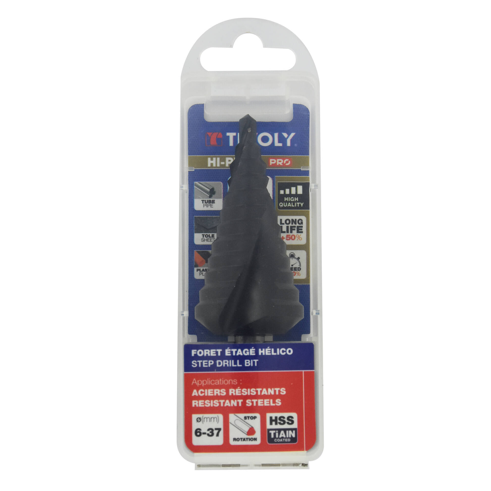 Broca ESCALONADA HSS | Recubrimiento TiAIN | Norma Tivoly | Canal Helicoidal| Afilado SPLIT POINT | Mango 3 caras planas (Caja colgante) / ØMin/Max : 6/37