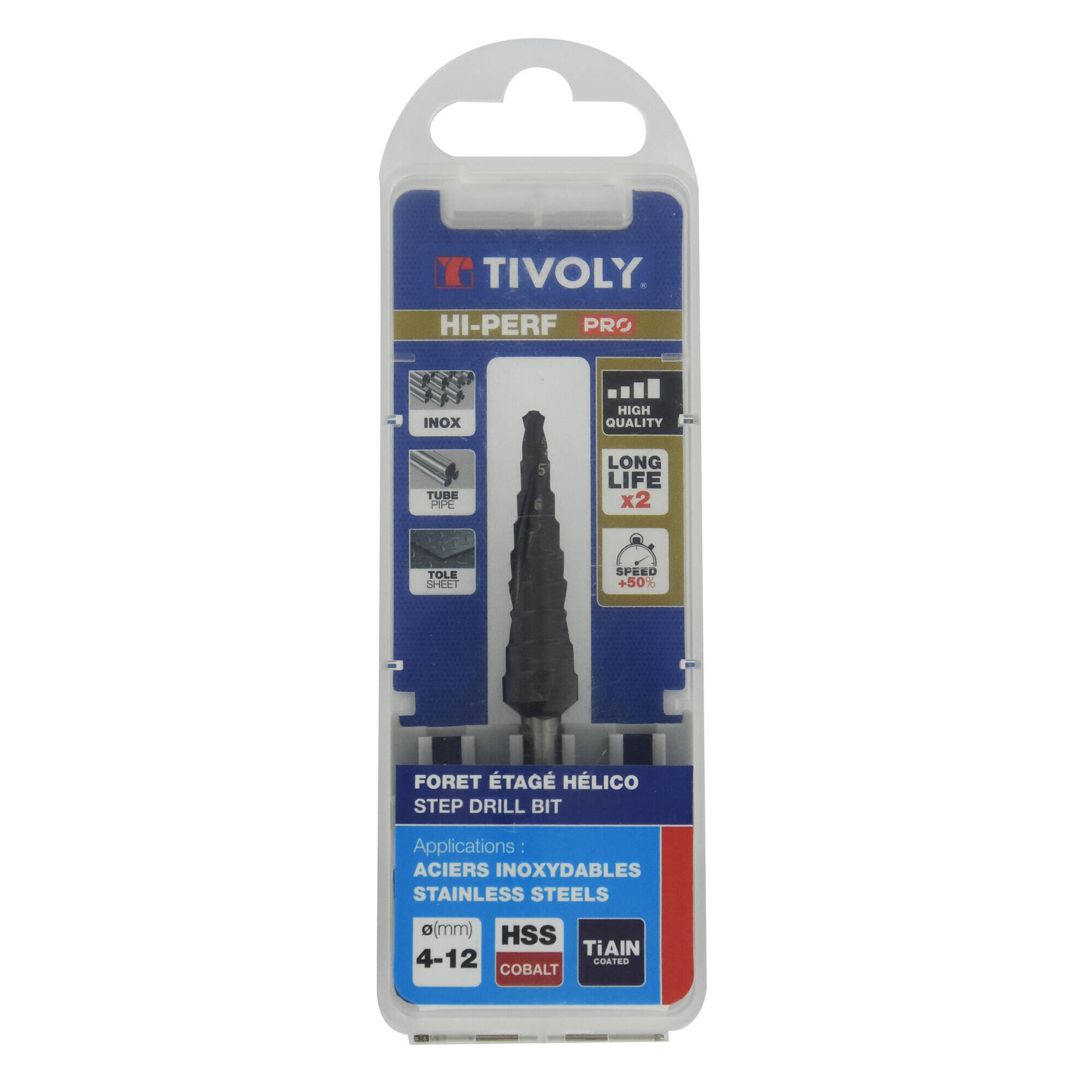Broca ESCALONADA HSSE | Recubrimiento TiAlN | Norma Tivoly | Canal Helicoidal | Afialdo SPLIT POINT | Mango 3 caras planas (Caja colgante) / ØMin/Max : 4/12