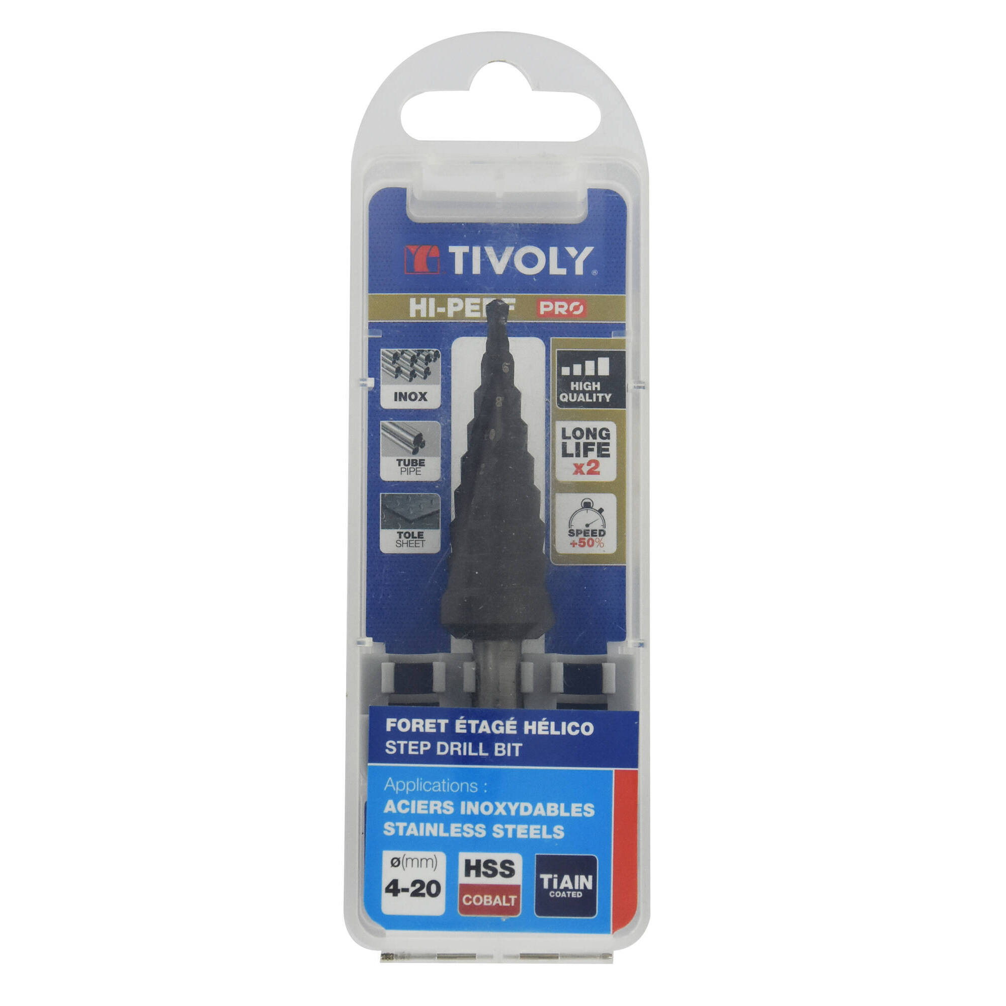 Broca ESCALONADA HSSE | Recubrimiento TiAlN | Norma Tivoly | Canal Helicoidal | Afialdo SPLIT POINT | Mango 3 caras planas (Caja colgante) / ØMin/Max : 4/20