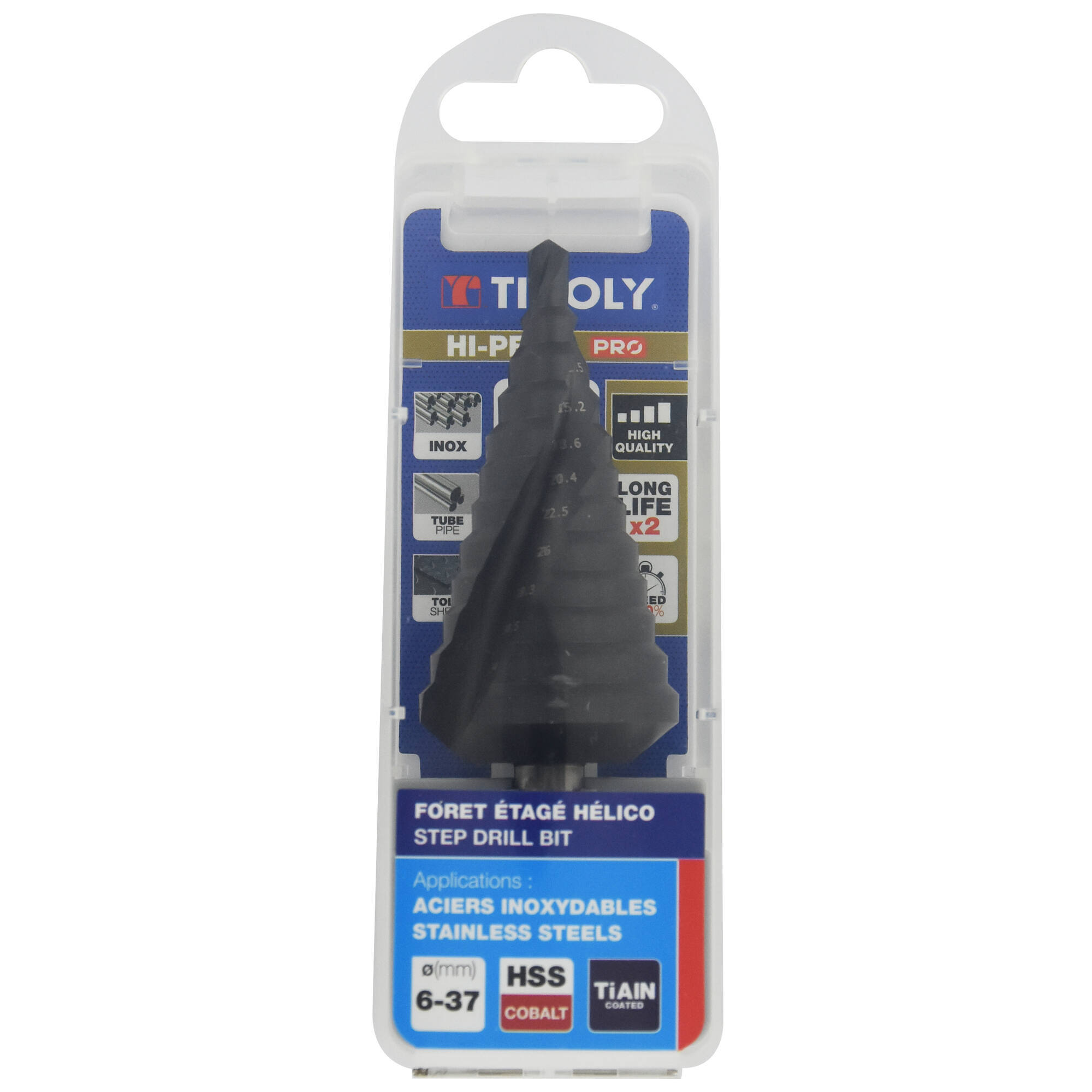 Broca ESCALONADA HSSE | Recubrimiento TiAlN | Norma Tivoly | Canal Helicoidal | Afialdo SPLIT POINT | Mango 3 caras planas (Caja colgante) / ØMin/Max : 6/37