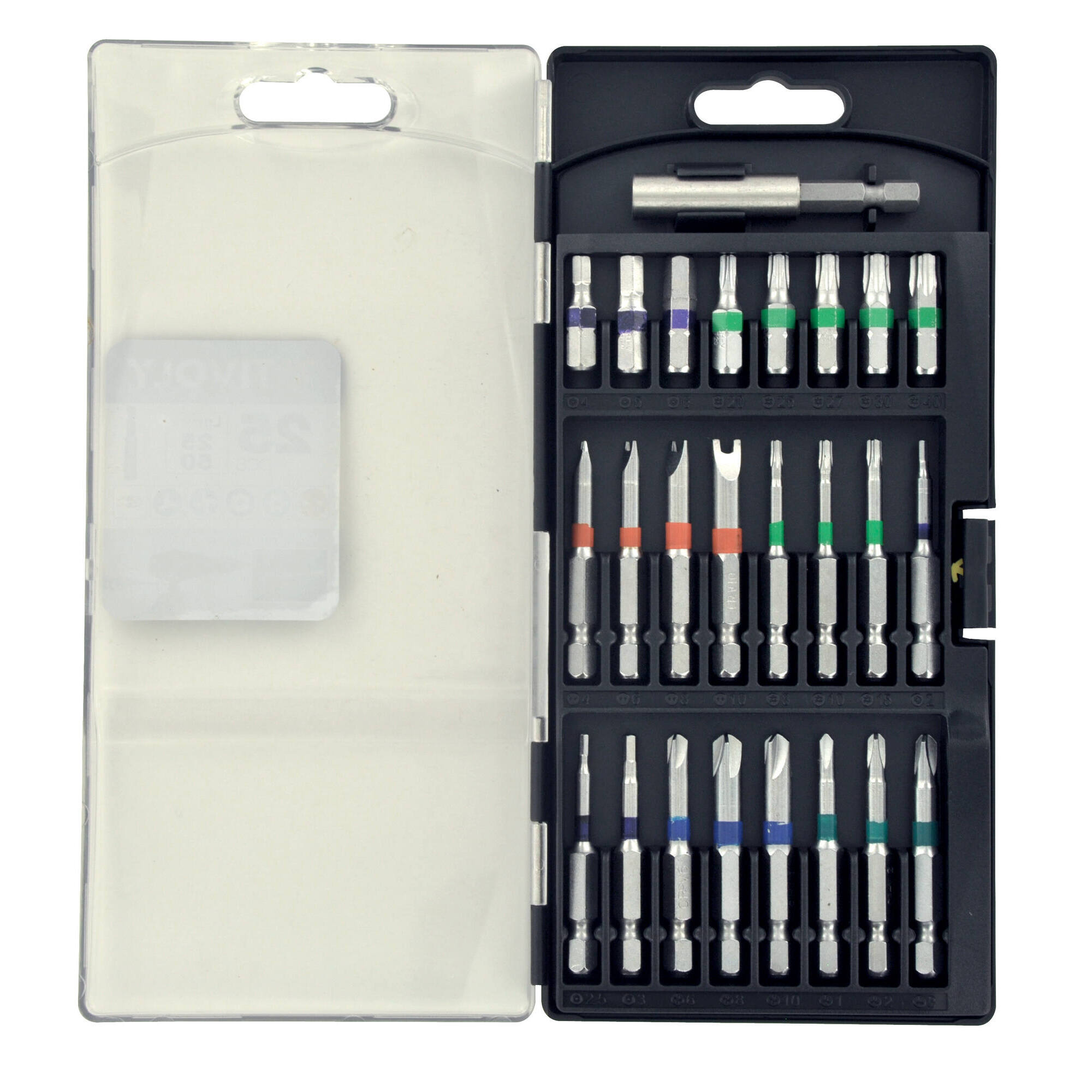 25 piezas - 24 puntas largas especiales para tornillos de seguridad con anillas + 1 portapuntas