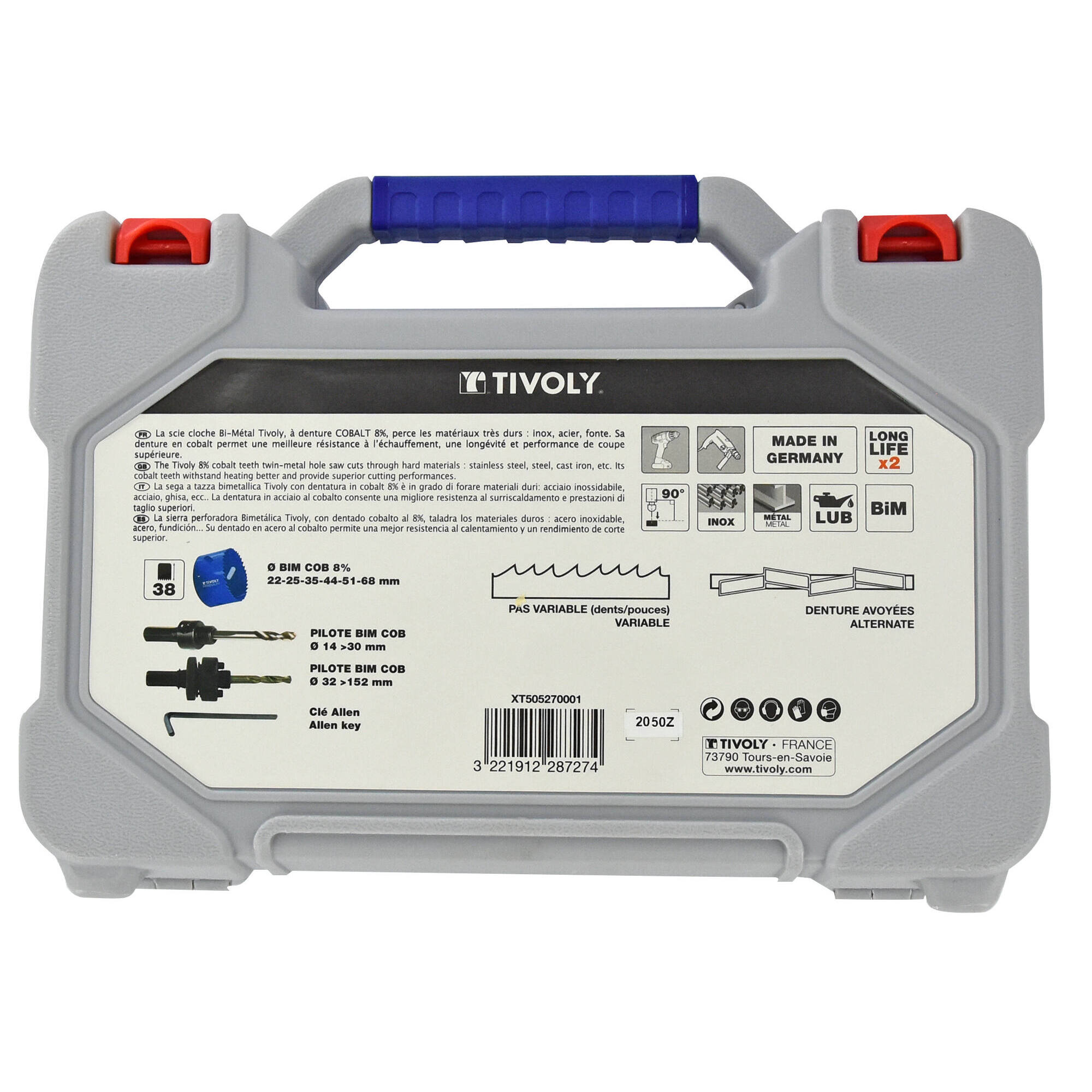 9 piezas -6 sierras corona bimetal cobalto 8% Ø 22 a 68 mm + 2 pilotos + 1 llave Allen