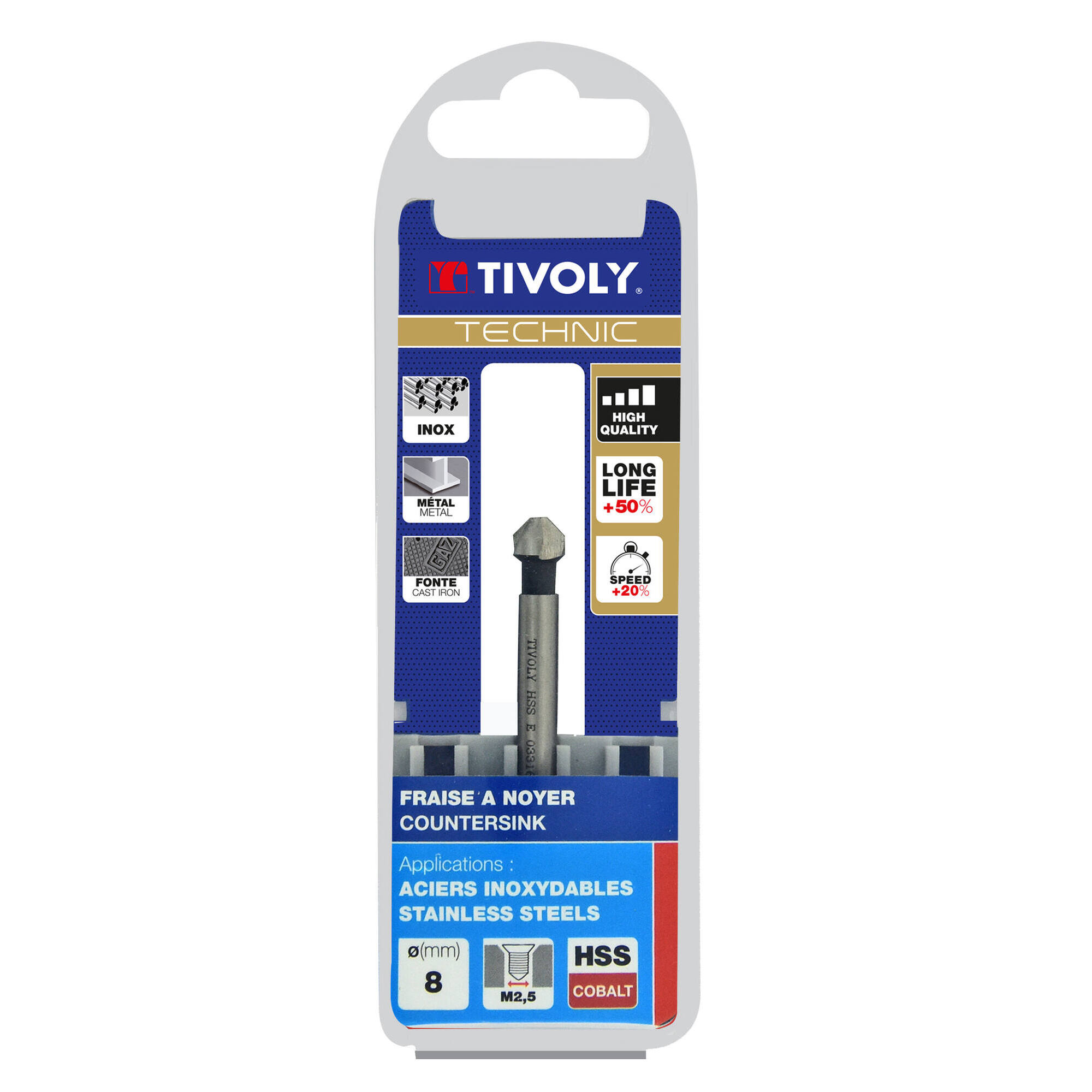 Avellanador HSSE5% cobalto DIN 335C a 90º Mango cilíndrico (Caja colgante) / Ø: 8 / L: 50