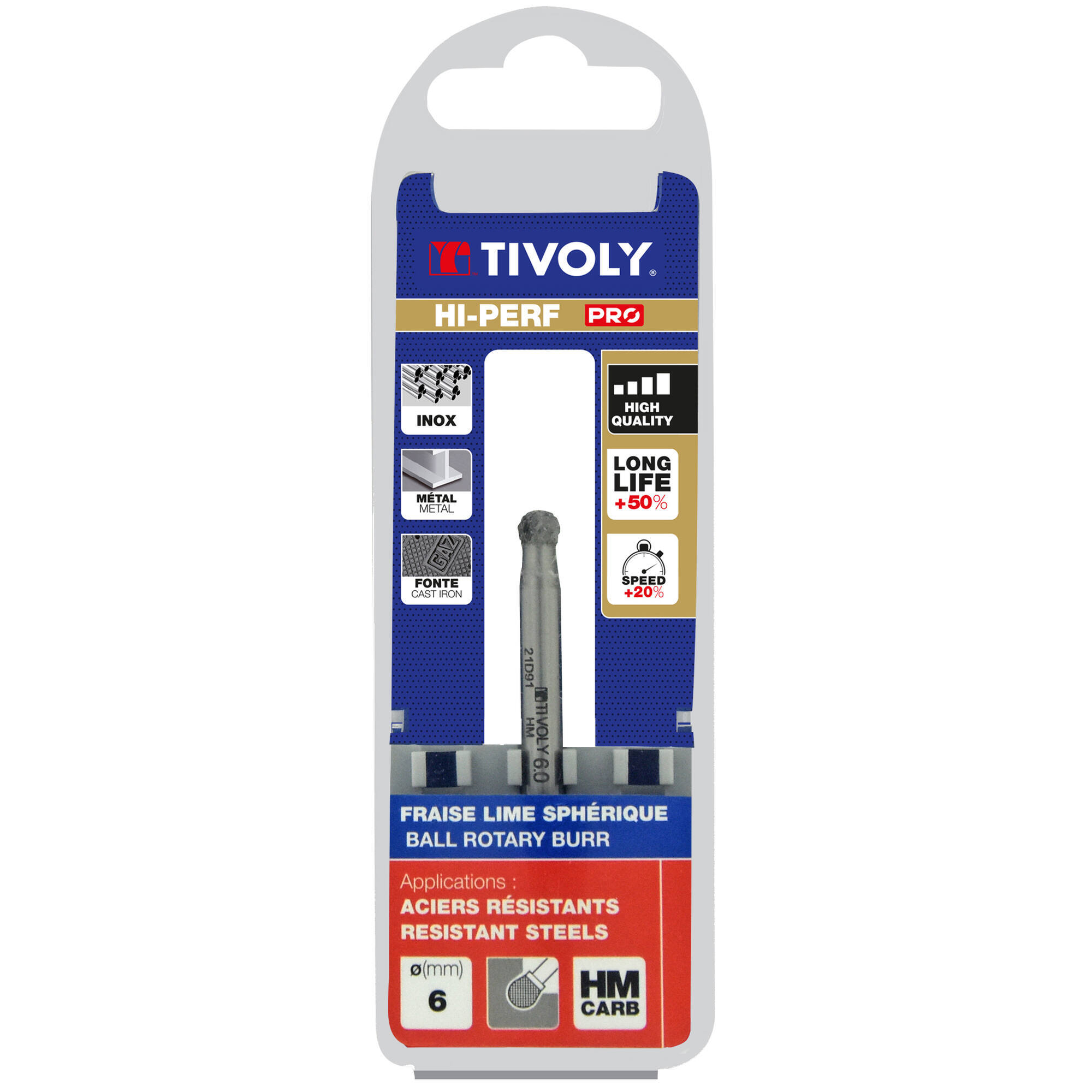 Fresa rotativa metal duro. Punta Esférica. Dentado normal. Forma D (Caja colgante) # / Ø: 6 / d2: 6 / L: 50