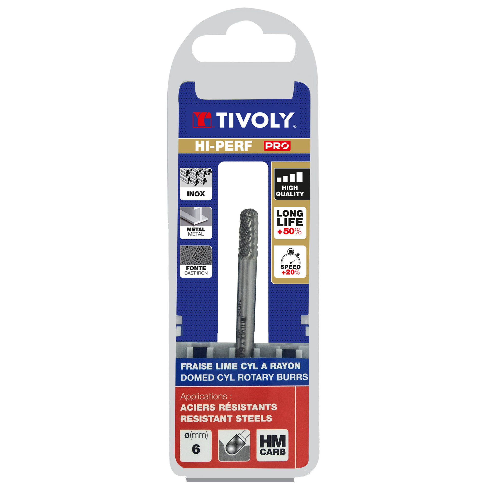 Fresa rotativa metal duro Cilíndrica con radio. Dentado normal. Forma D (Caja colgante) # / Ø: 6 / d2: 6 / L: 50