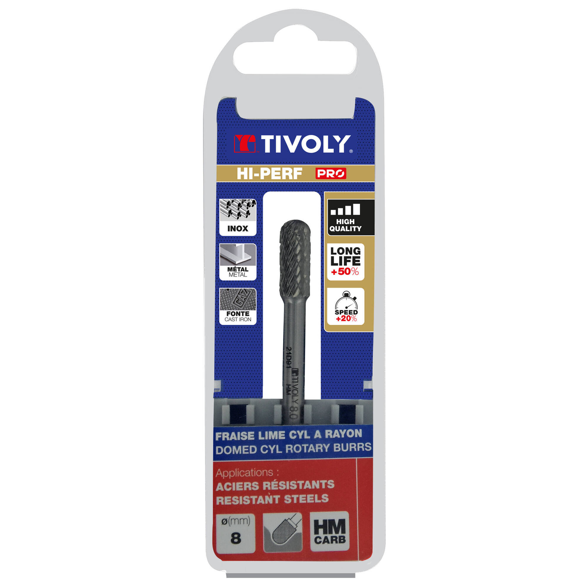 Fresa rotativa metal duro Cilíndrica con radio. Dentado normal. Forma D (Caja colgante) # / Ø: 8 / d2: 6 / L: 65