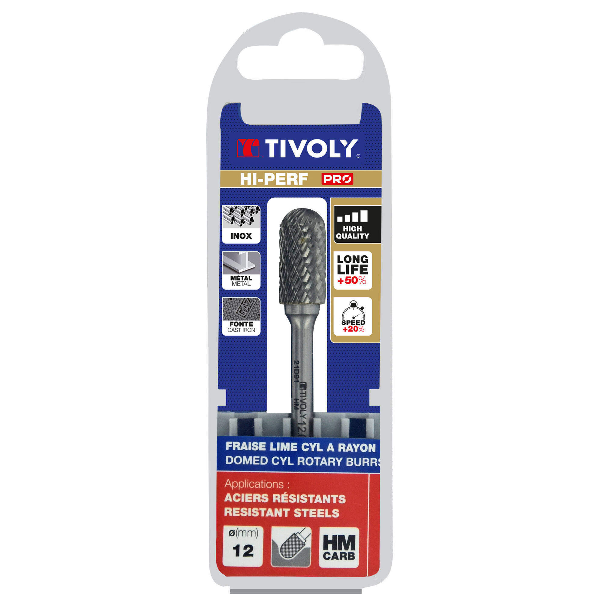 Fresa rotativa metal duro Cilíndrica con radio. Dentado normal. Forma D (Caja colgante) # / Ø: 12 / d2: 6 / L: 70