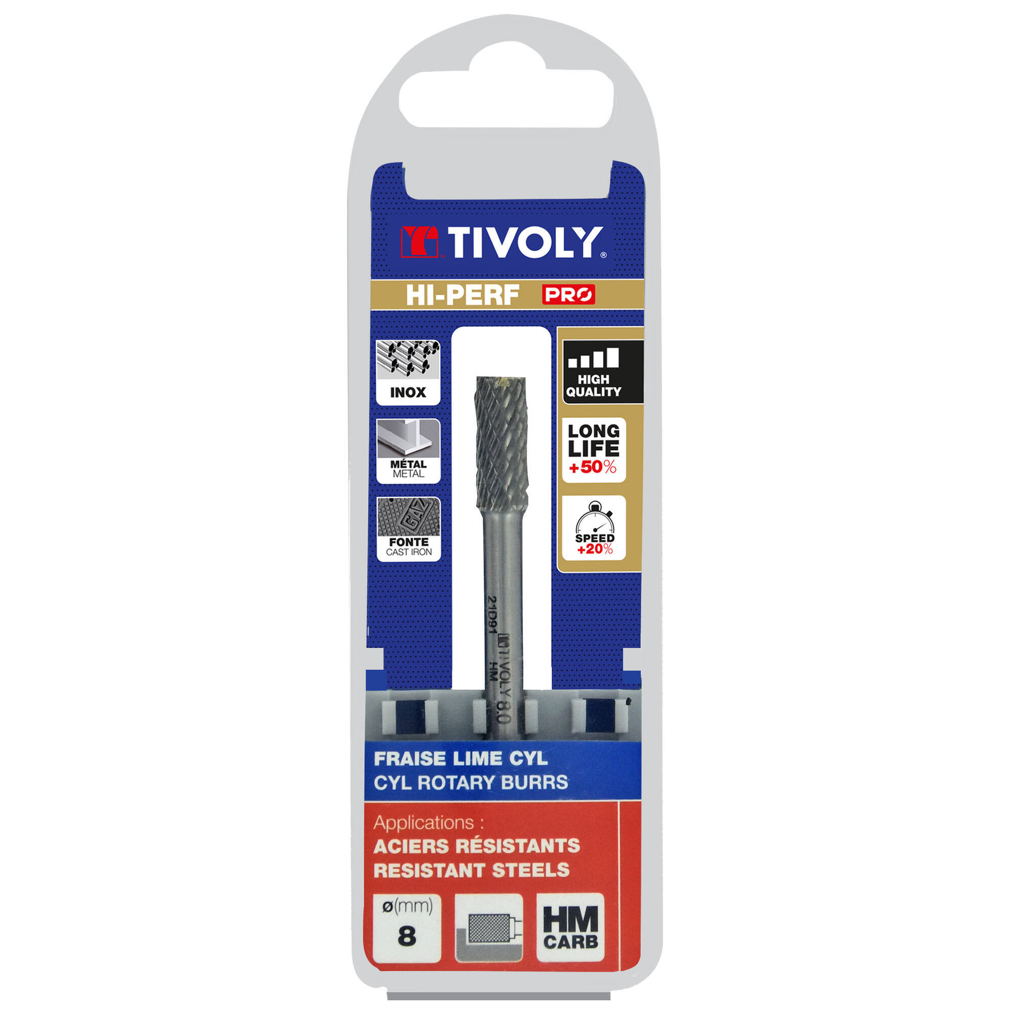 Fresa rotativa metal duro Cilíndrica. Dentado normal. Forma D (Caja colgante) # / Ø: 8 / d2: 6 / L: 65