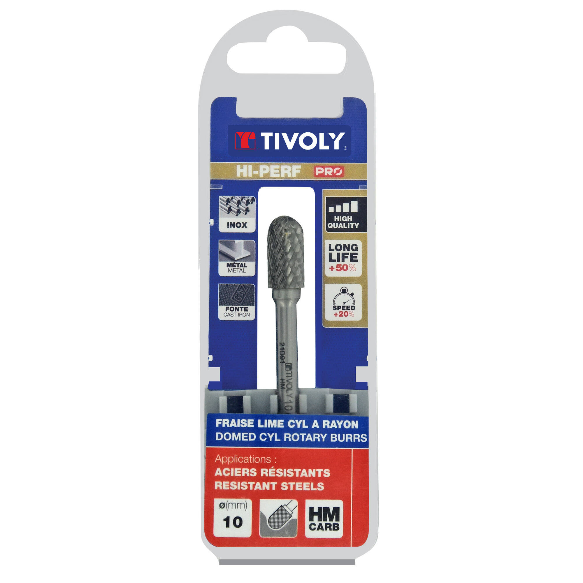 Fresa rotativa metal duro Cilíndrica con radio. Dentado normal. Forma D (Caja colgante) # / Ø: 10 / d2: 6 / L: 65