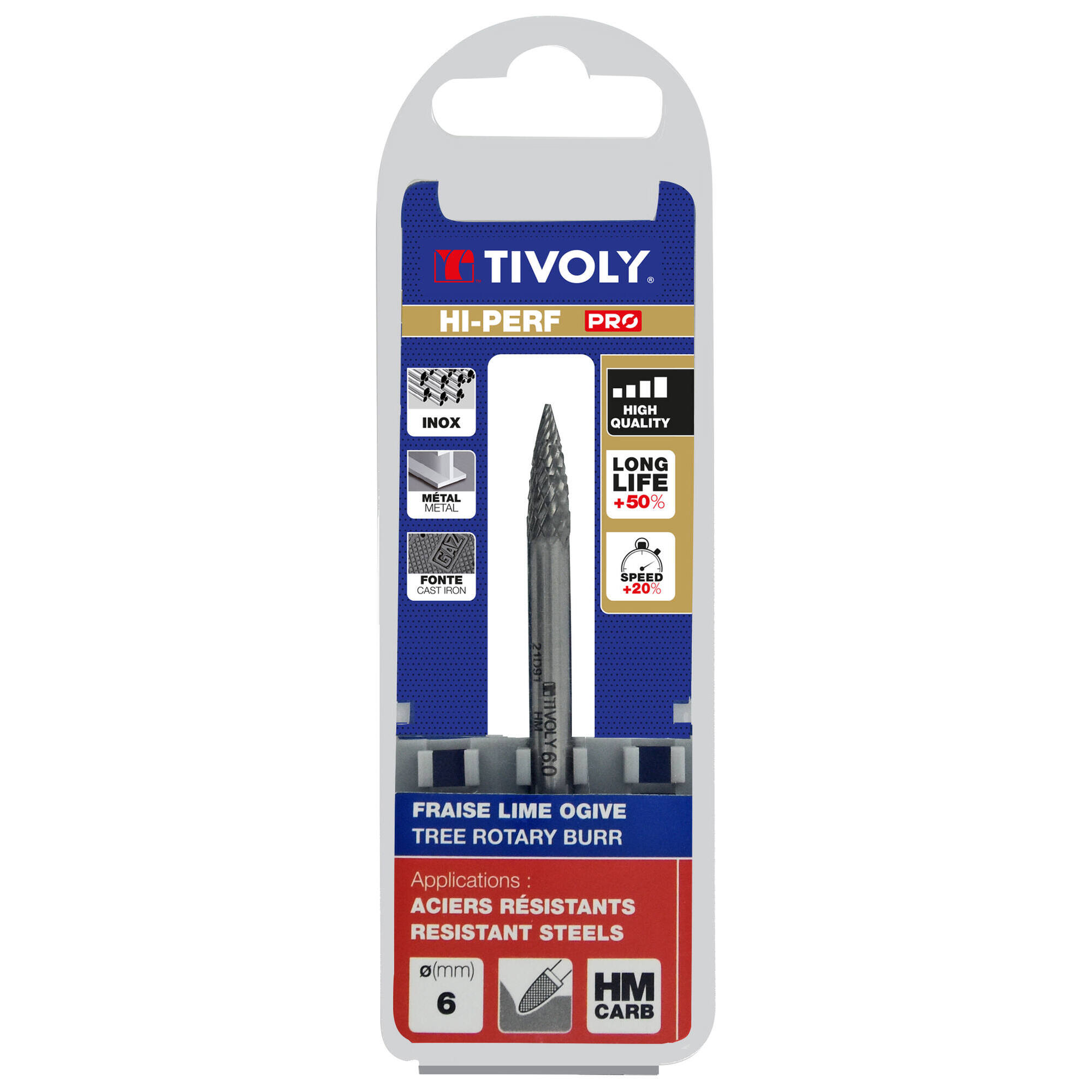 Fresa rotativa metal duro. Punta Ojiva Dentado normal. Forma D (Caja colgante) # / Ø: 6 / d2: 6 / L: 50