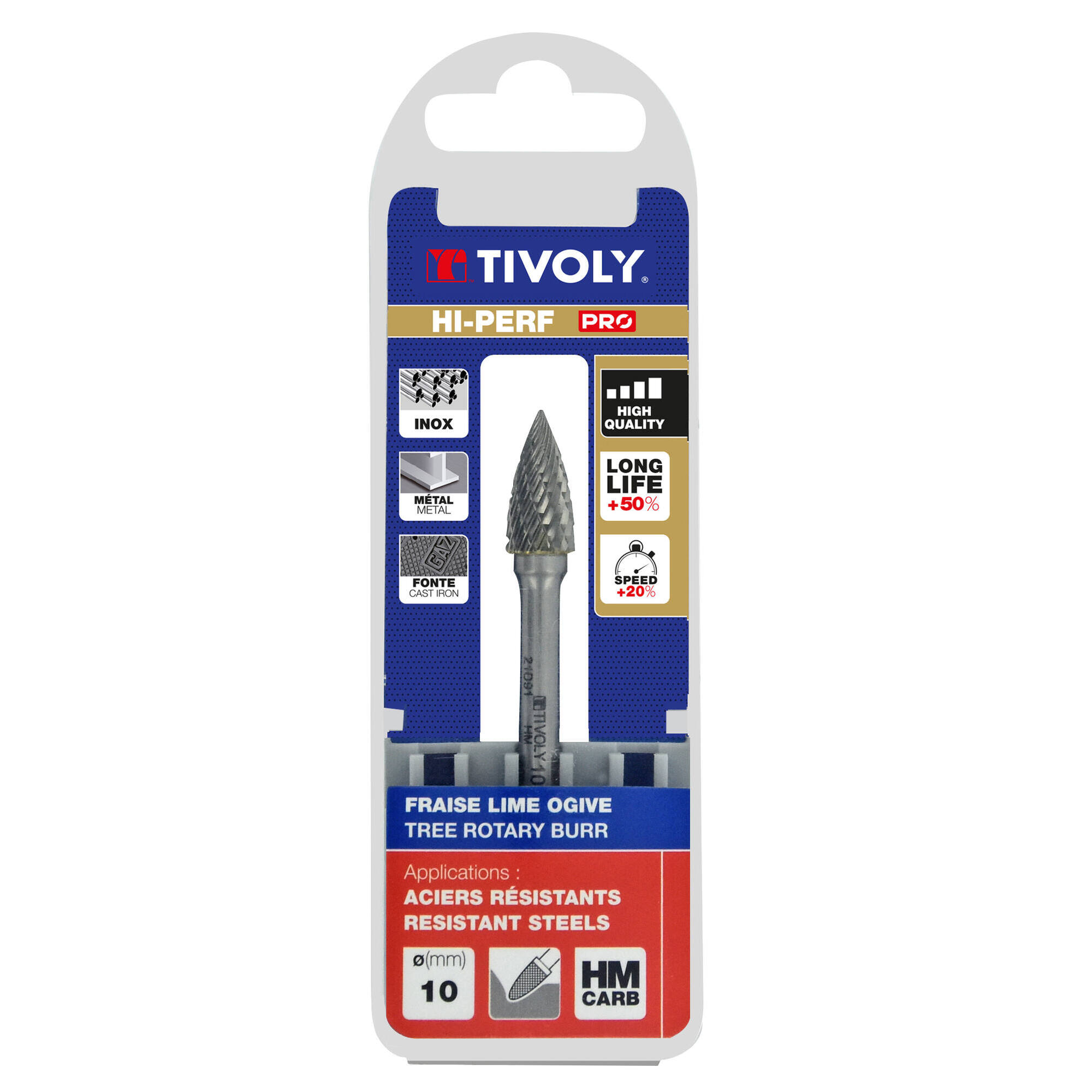 Fresa rotativa metal duro. Punta Ojiva Dentado normal. Forma D (Caja colgante) # / Ø: 10 / d2: 6 / L: 65