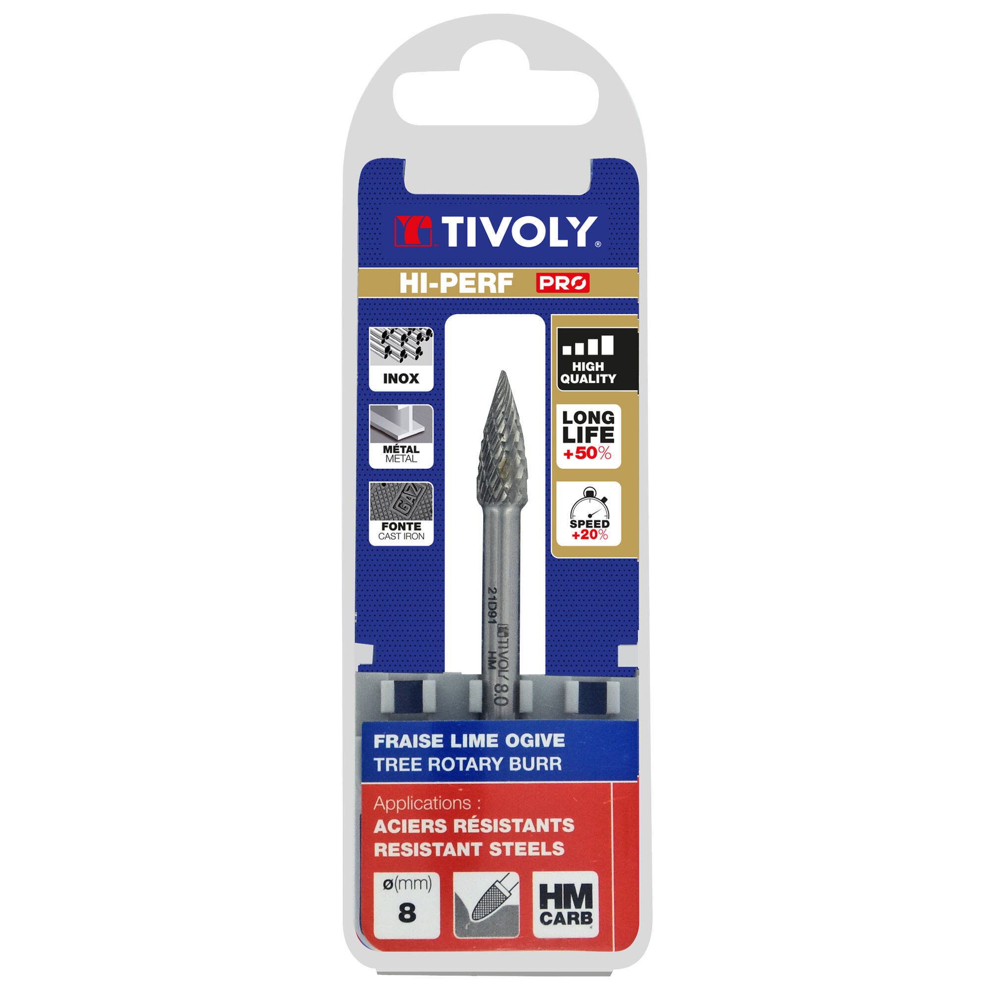 Fresa rotativa metal duro. Punta Ojiva Dentado normal. Forma D (Caja colgante) # / Ø: 8 / d2: 6 / L: 63