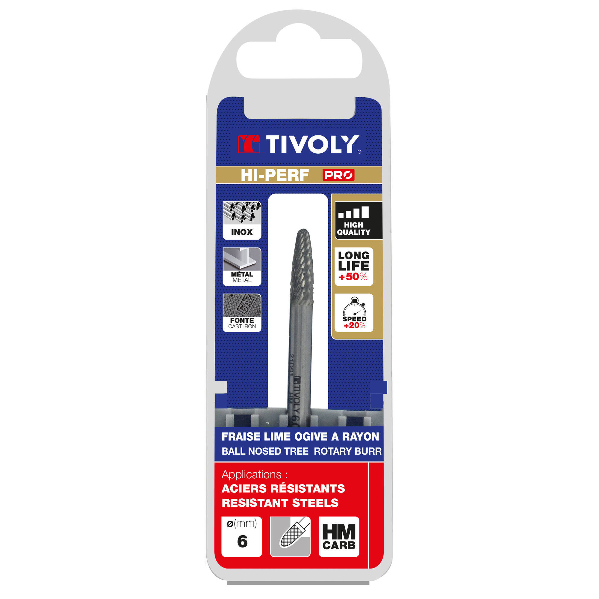 Fresa rotativa metal duro. Punta Ojiva con radio. Dentado normal. Forma D (Caja colgante) # / Ø: 6 / d2: 6 / L: 50