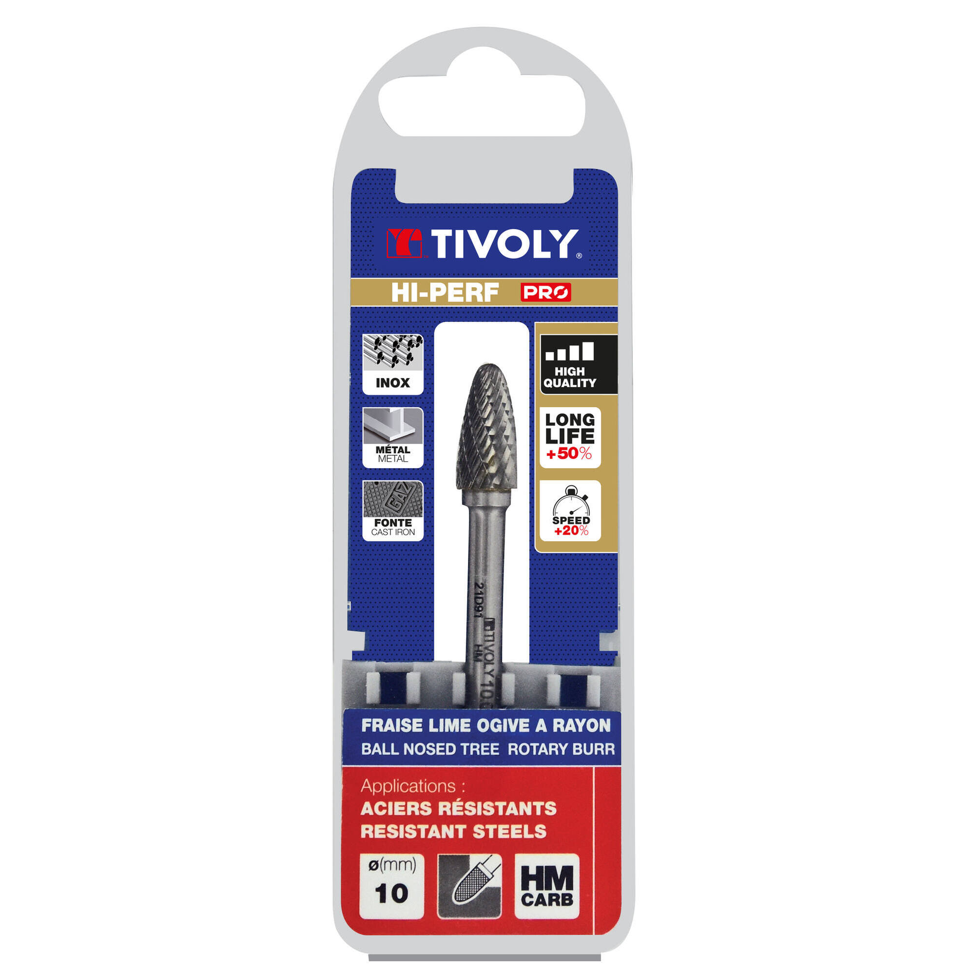 Fresa rotativa metal duro. Punta Ojiva con radio. Dentado normal. Forma D (Caja colgante) # / Ø: 10 / d2: 6 / L: 65