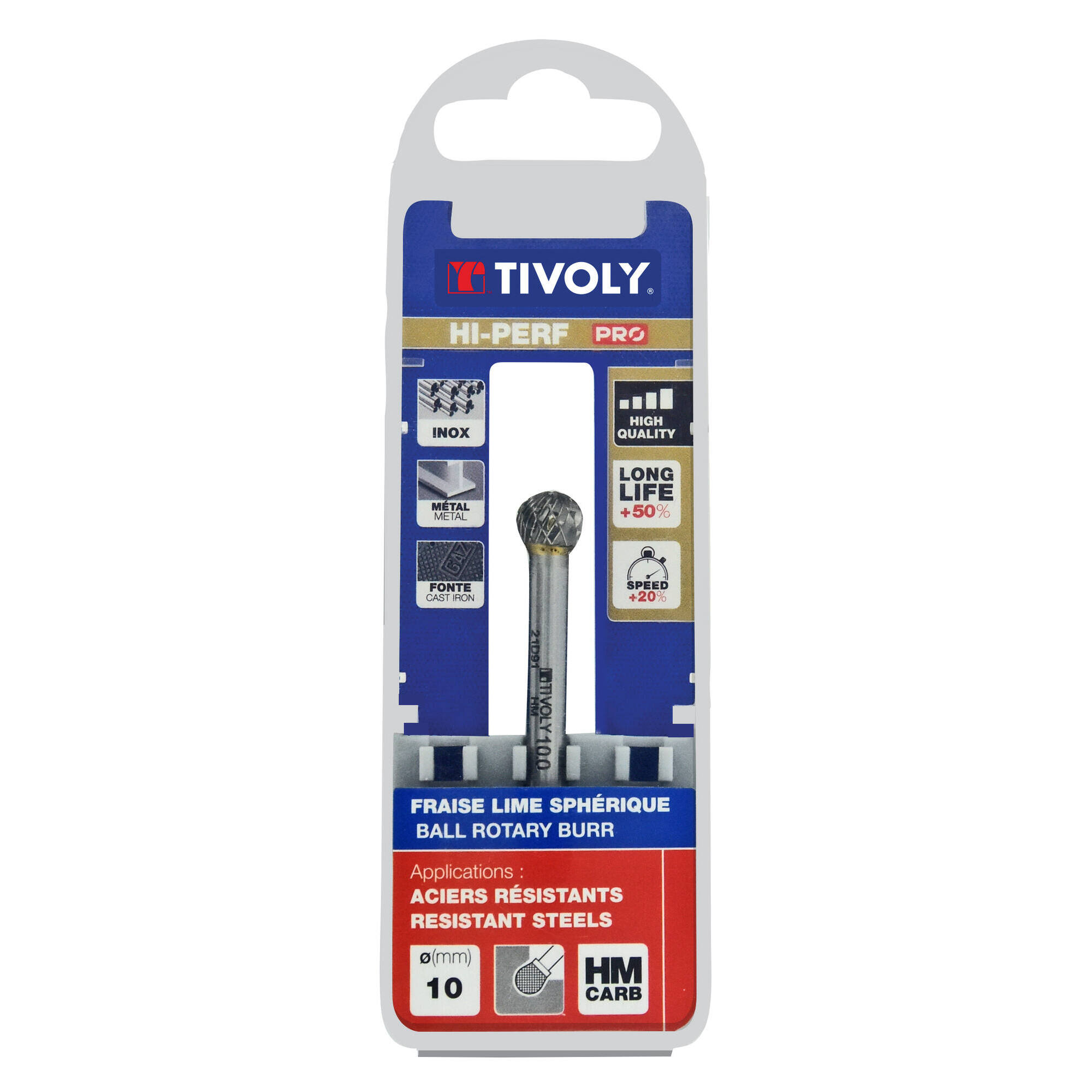 Fresa rotativa metal duro. Punta Esférica. Dentado normal. Forma D (Caja colgante) # / Ø: 10 / d2: 6 / L: 70