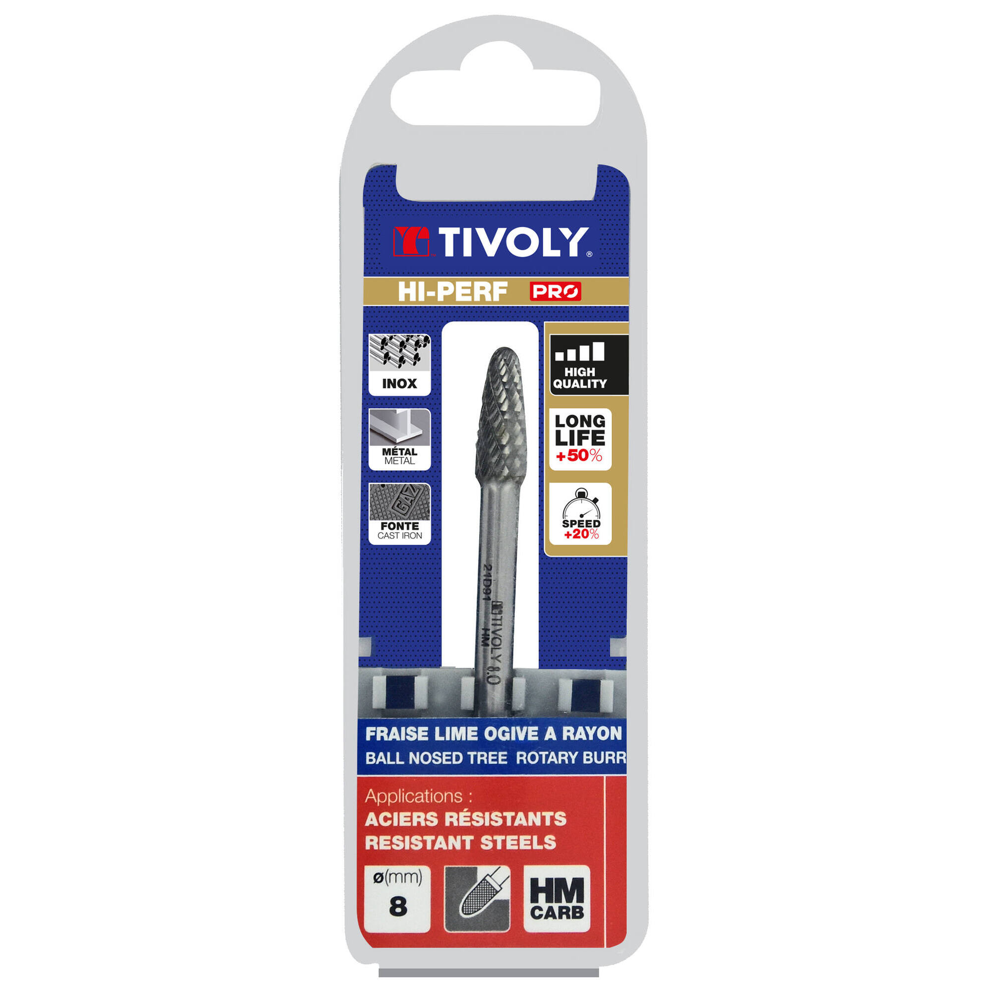 Fresa rotativa metal duro. Punta Ojiva con radio. Dentado normal. Forma D (Caja colgante) # / Ø: 8 / d2: 6 / L: 63