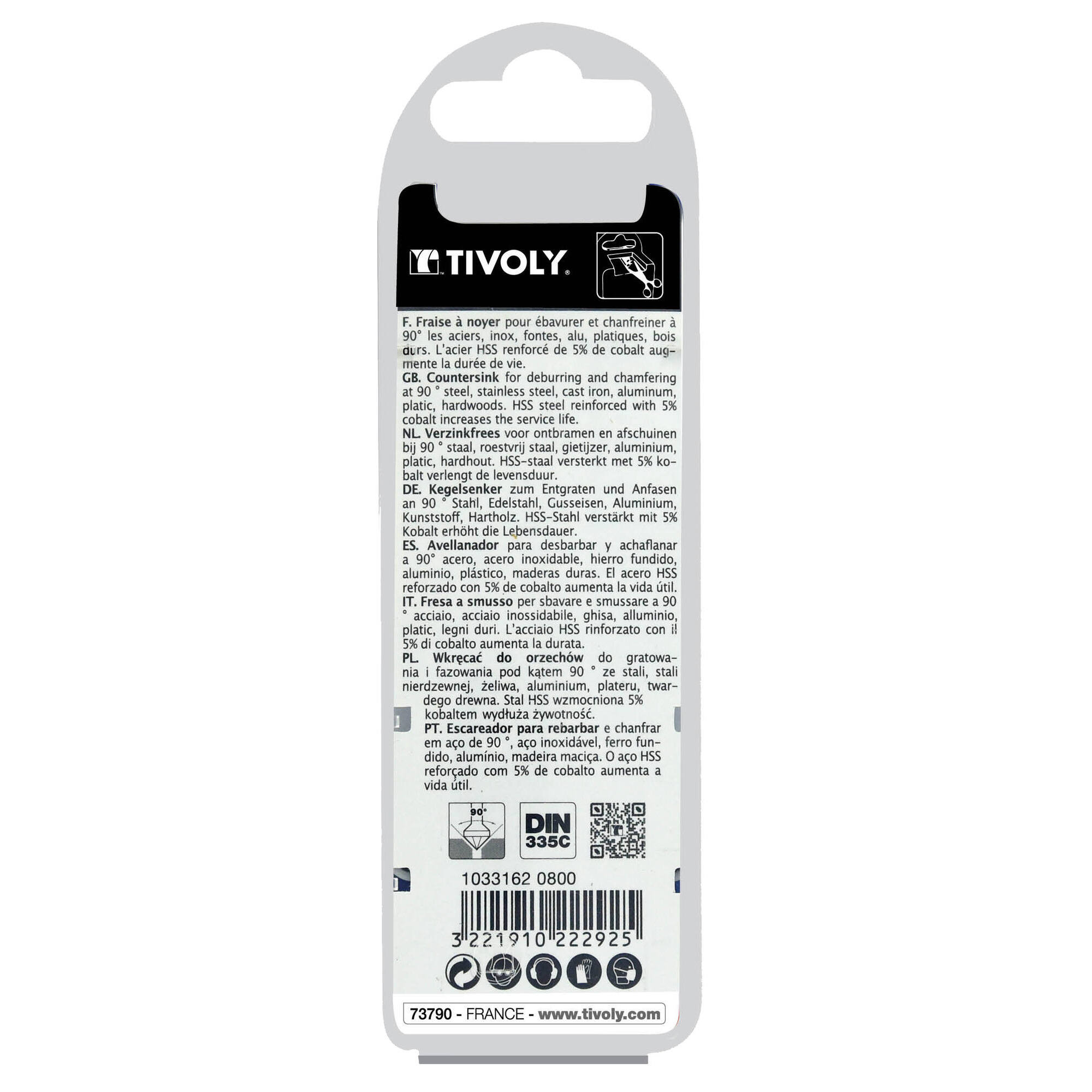 Avellanador HSSE5% cobalto DIN 335C a 90º Mango cilíndrico (Caja colgante) / Ø: 8 / L: 50