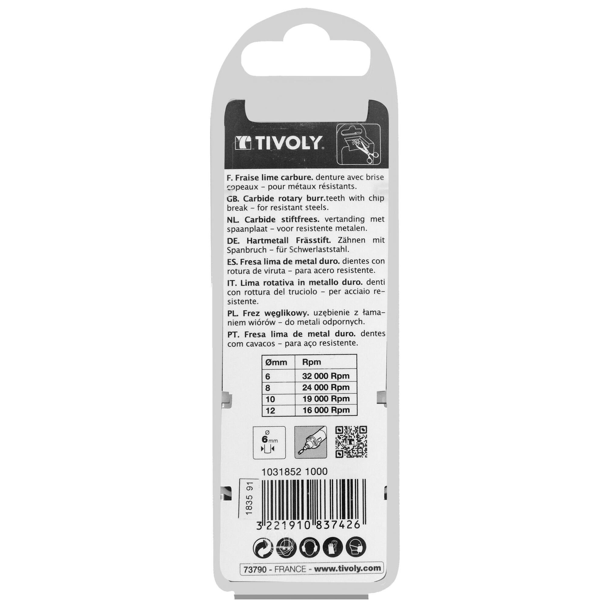 Fresa rotativa metal duro. Punta Esférica. Dentado normal. Forma D (Caja colgante) # / Ø: 10 / d2: 6 / L: 70