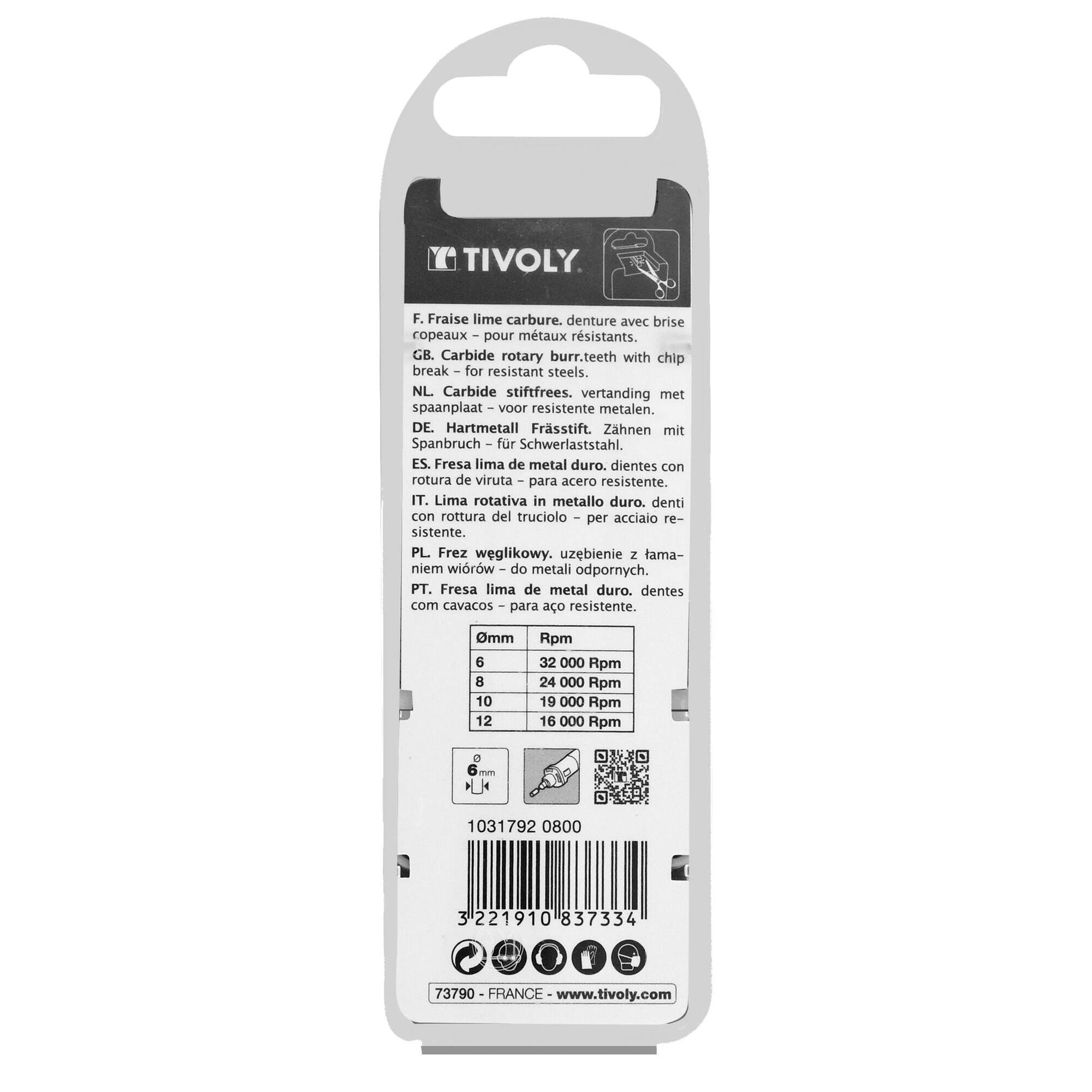 Fresa rotativa metal duro. Punta Ojiva Dentado normal. Forma D (Caja colgante) # / Ø: 8 / d2: 6 / L: 63