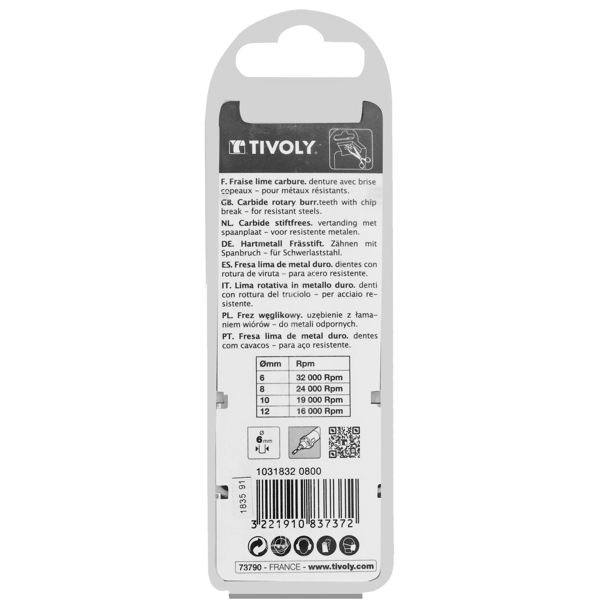 Fresa rotativa metal duro. Punta Ojiva con radio. Dentado normal. Forma D (Caja colgante) # / Ø: 8 / d2: 6 / L: 63