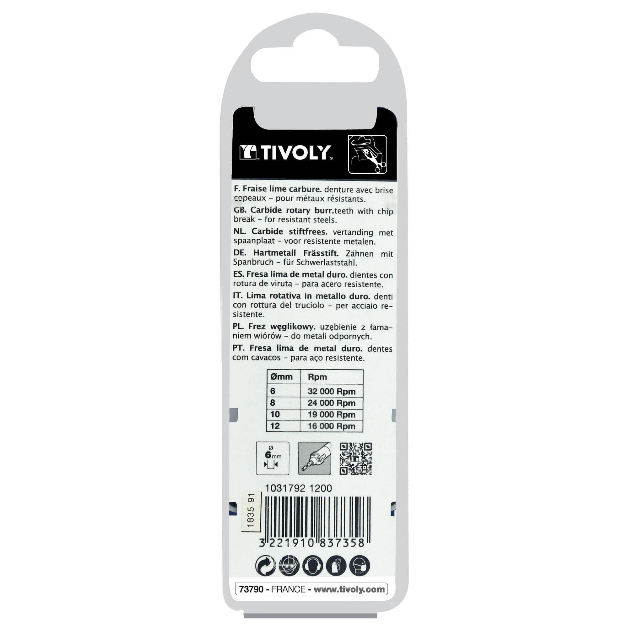 Fresa rotativa metal duro. Punta Ojiva Dentado normal. Forma D (Caja colgante) # / Ø: 12 / d2: 6 / L: 70