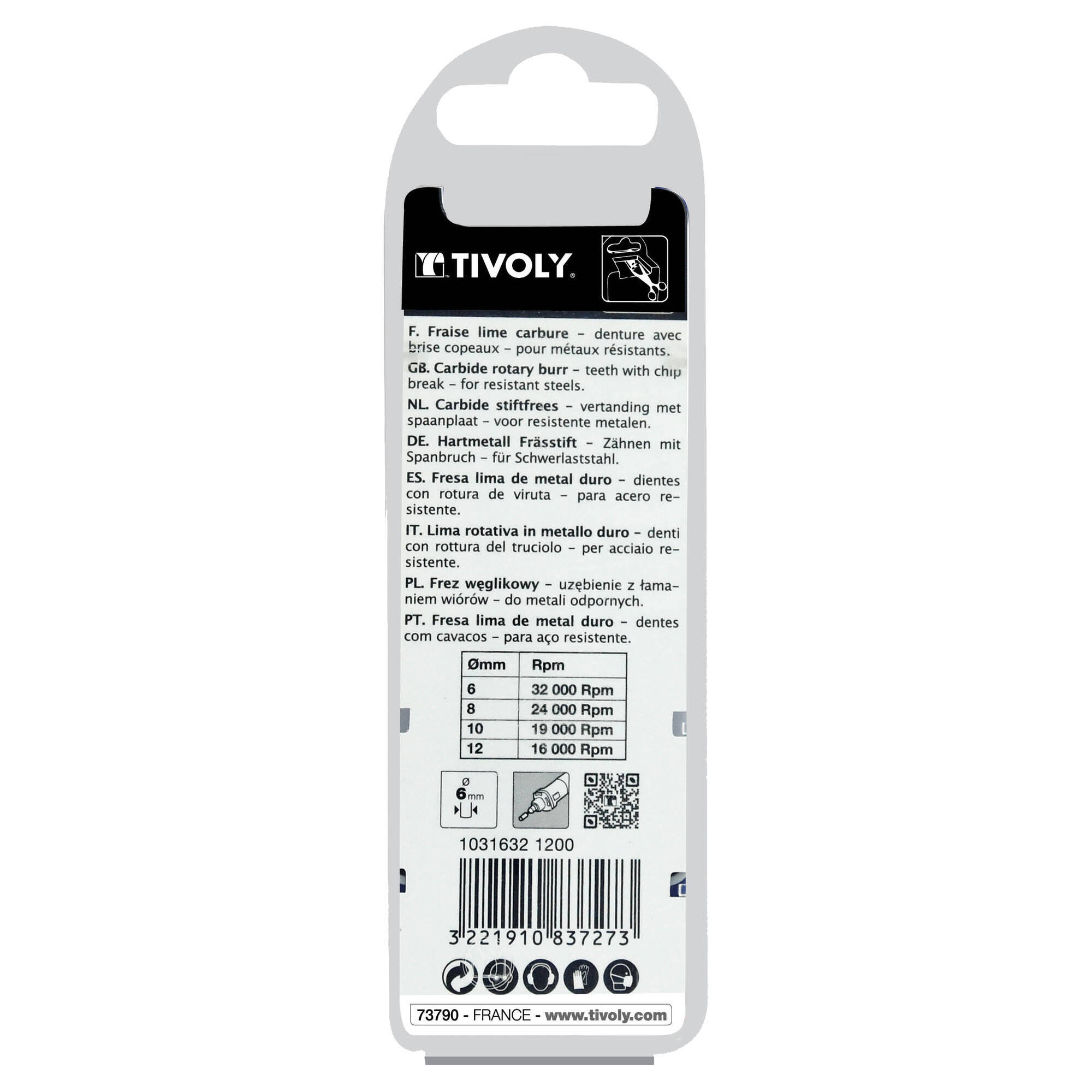 Fresa rotativa metal duro Cilíndrica. Dentado normal. Forma D (Caja colgante) # / Ø: 12 / d2: 6 / L: 70