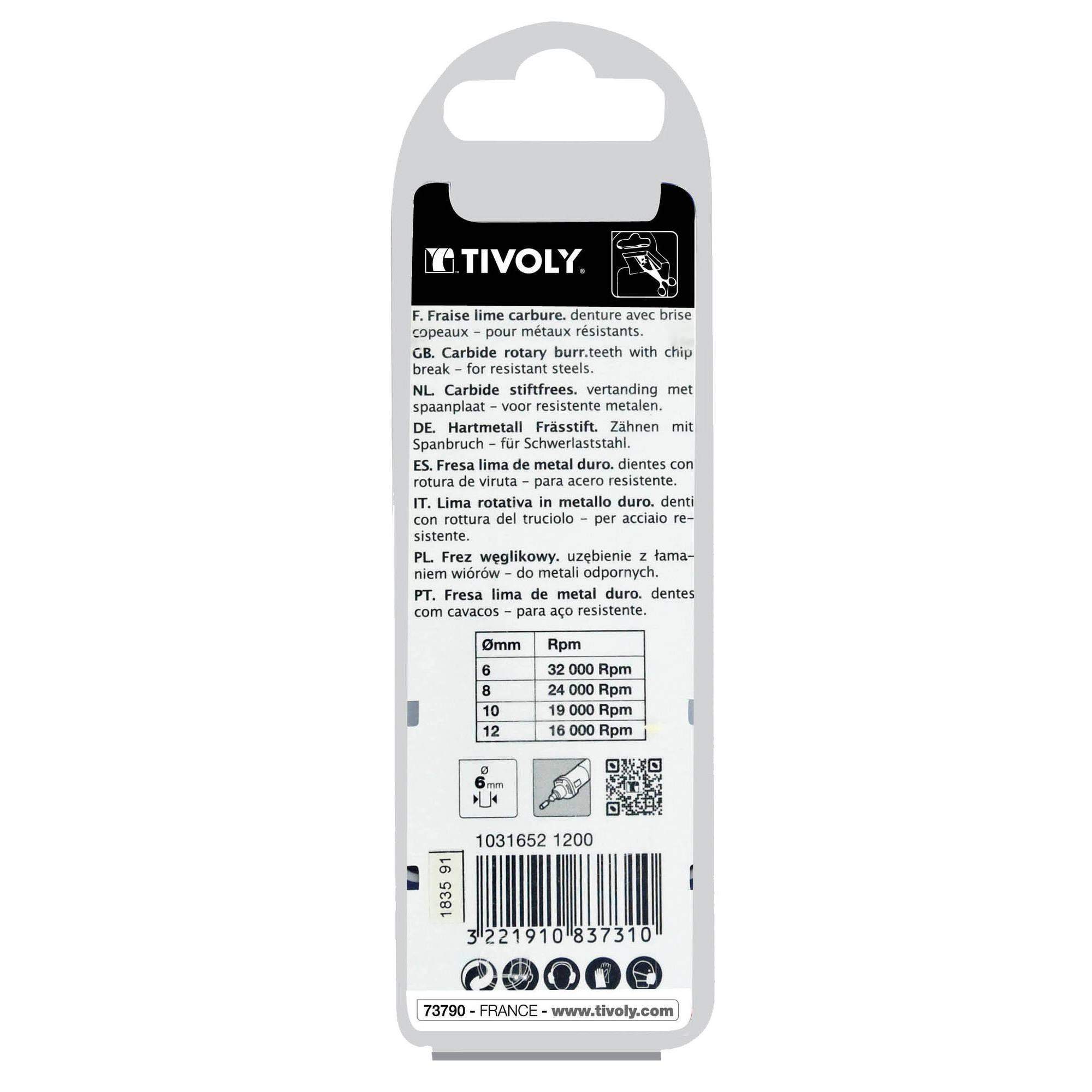 Fresa rotativa metal duro Cilíndrica con radio. Dentado normal. Forma D (Caja colgante) # / Ø: 12 / d2: 6 / L: 70