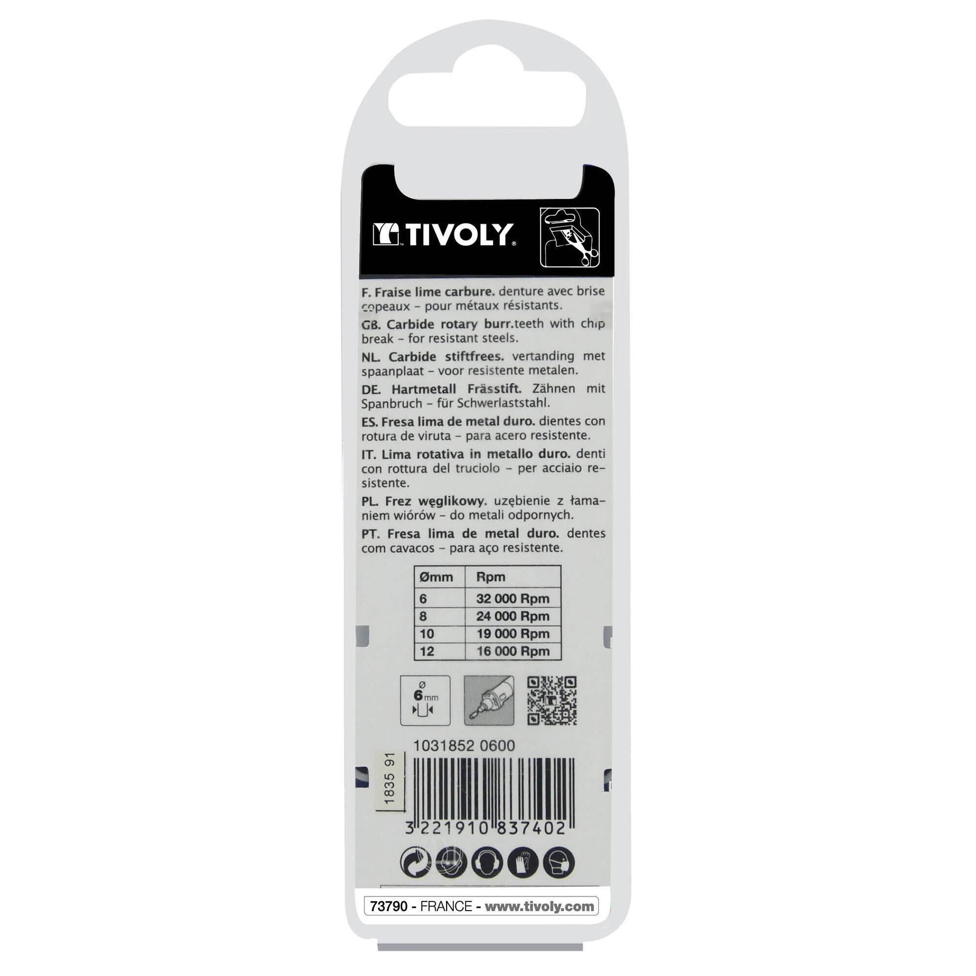 Fresa rotativa metal duro. Punta Esférica. Dentado normal. Forma D (Caja colgante) # / Ø: 6 / d2: 6 / L: 50