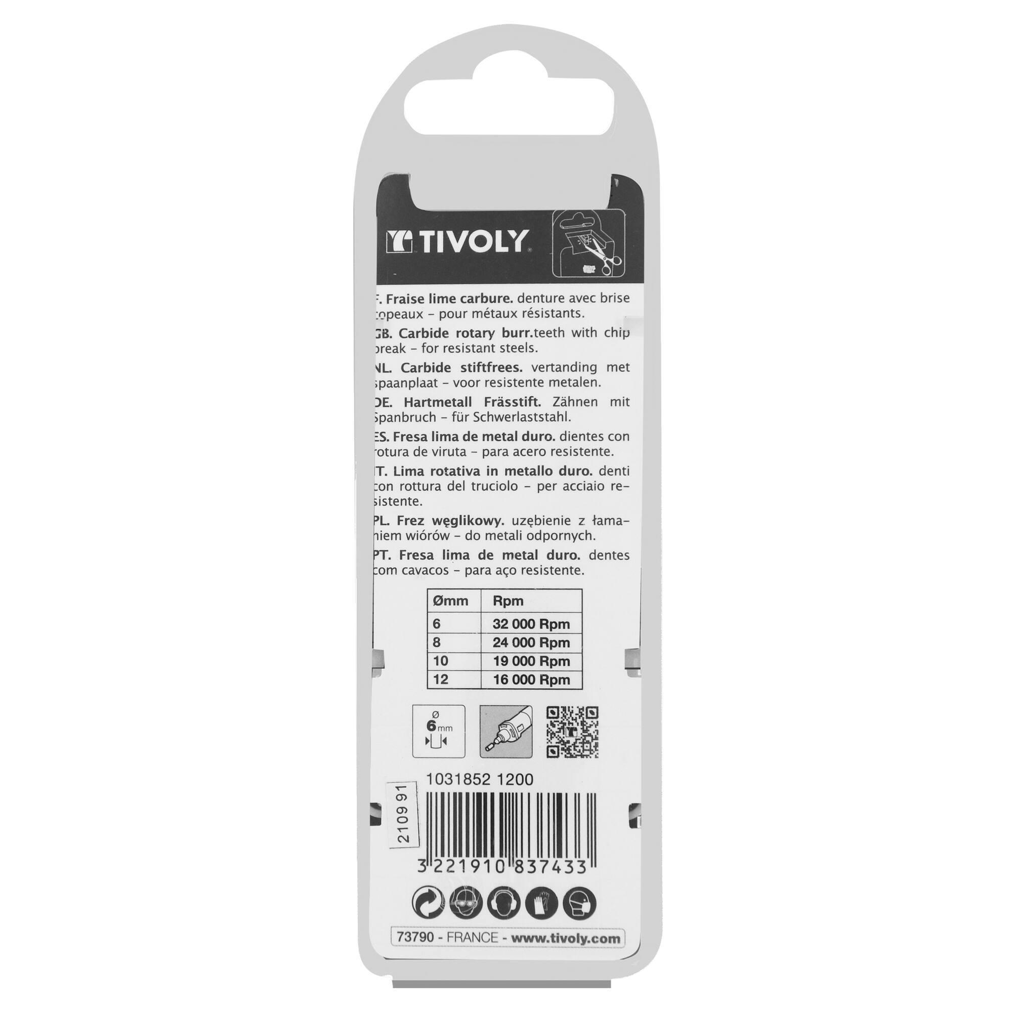 Fresa rotativa metal duro. Punta Esférica. Dentado normal. Forma D (Caja colgante) # / Ø: 12 / d2: 6 / L: 75