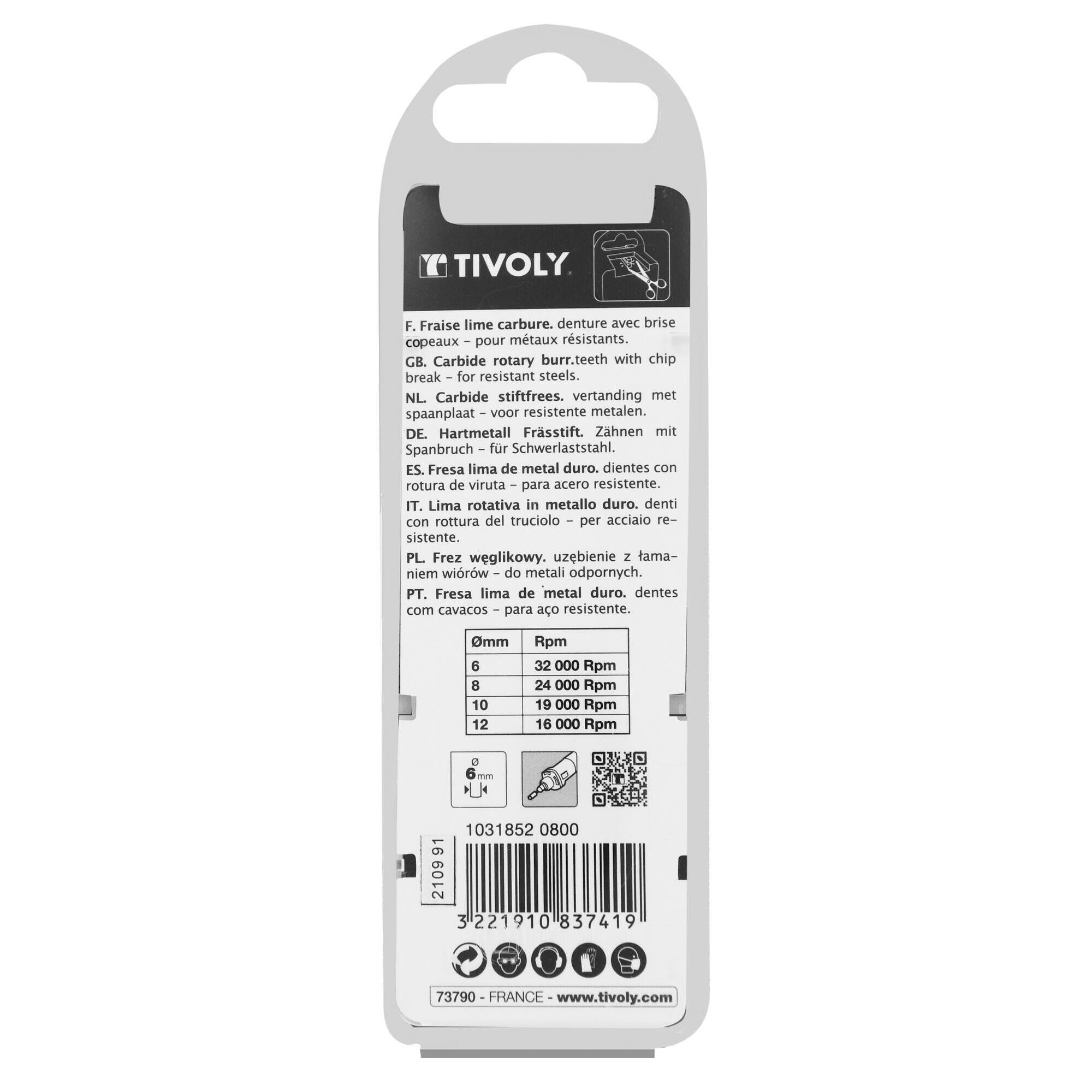 Fresa rotativa metal duro. Punta Esférica. Dentado normal. Forma D (Caja colgante) # / Ø: 8 / d2: 6 / L: 63