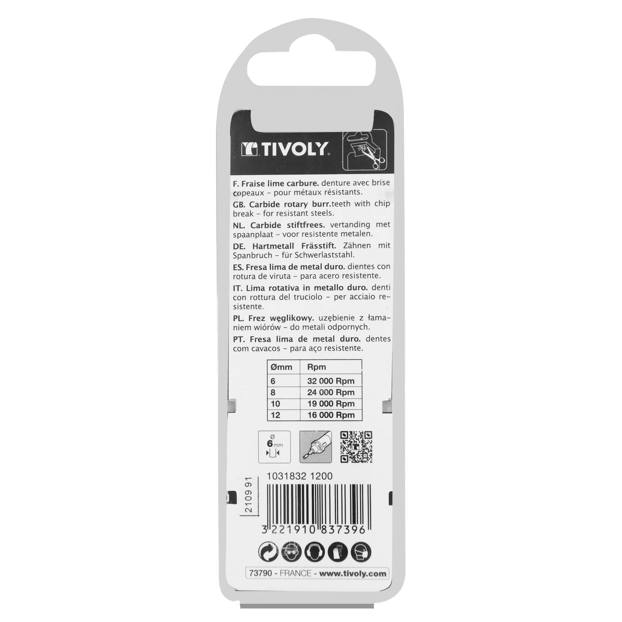 Fresa rotativa metal duro. Punta Ojiva con radio. Dentado normal. Forma D (Caja colgante) # / Ø: 12 / d2: 6 / L: 70