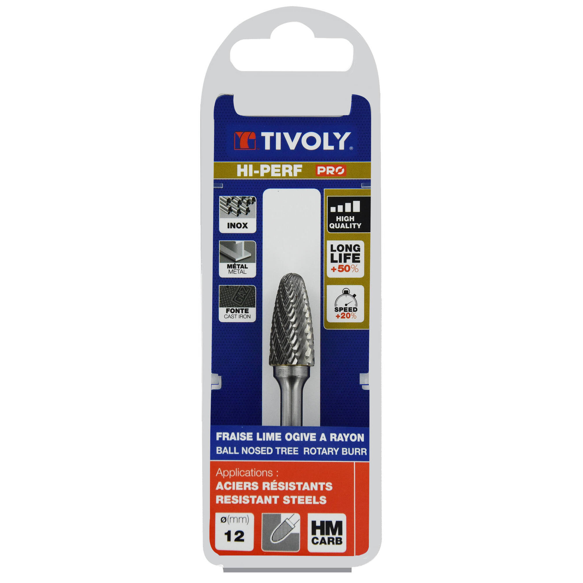 Fresa rotativa metal duro. Punta Ojiva con radio. Dentado normal. Forma D (Caja colgante) # / Ø: 12 / d2: 6 / L: 70