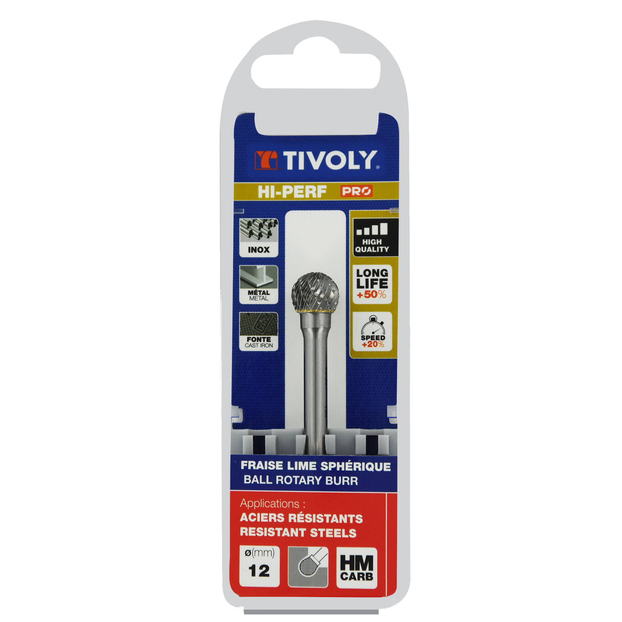 Fresa rotativa metal duro. Punta Esférica. Dentado normal. Forma D (Caja colgante) # / Ø: 12 / d2: 6 / L: 75