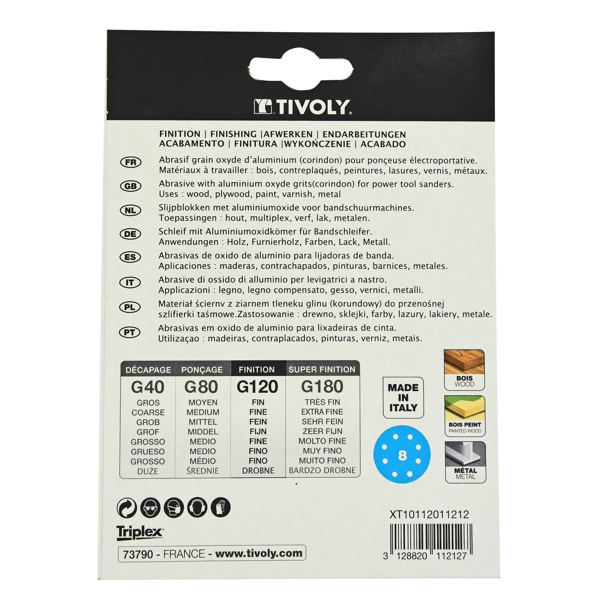 Disco AUTOADHESIVO -Ø125 mm - Perforación 8 orificios -Para lijadora excéntrica (Funda cartón) / Dim Ø125 / Gr : 80