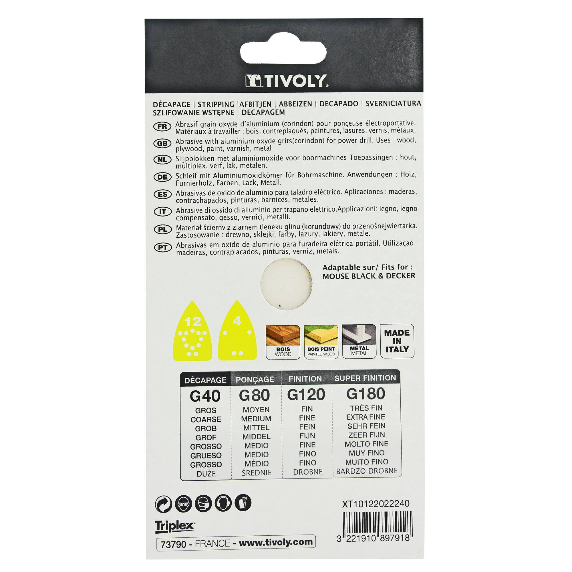 Hoja de lija AUTOADHESIVA -135x95 mm - Para lijadora Mouse B&D (Funda cartón) / Dim 135x95 / Gr : 40