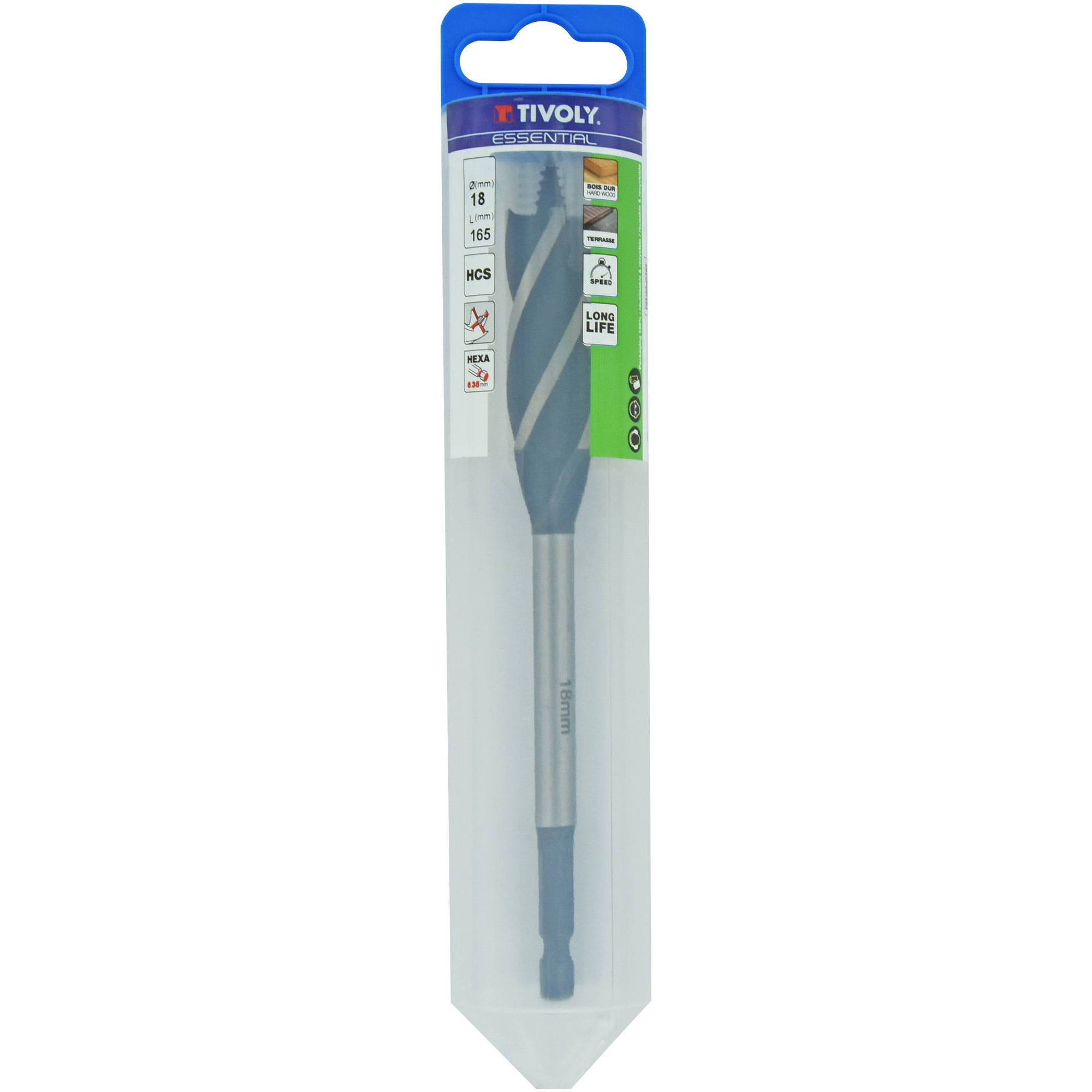 Ø: 18 / Broca para madera de 4 cortes -Mango hexagonal (Blíster) / L: 165