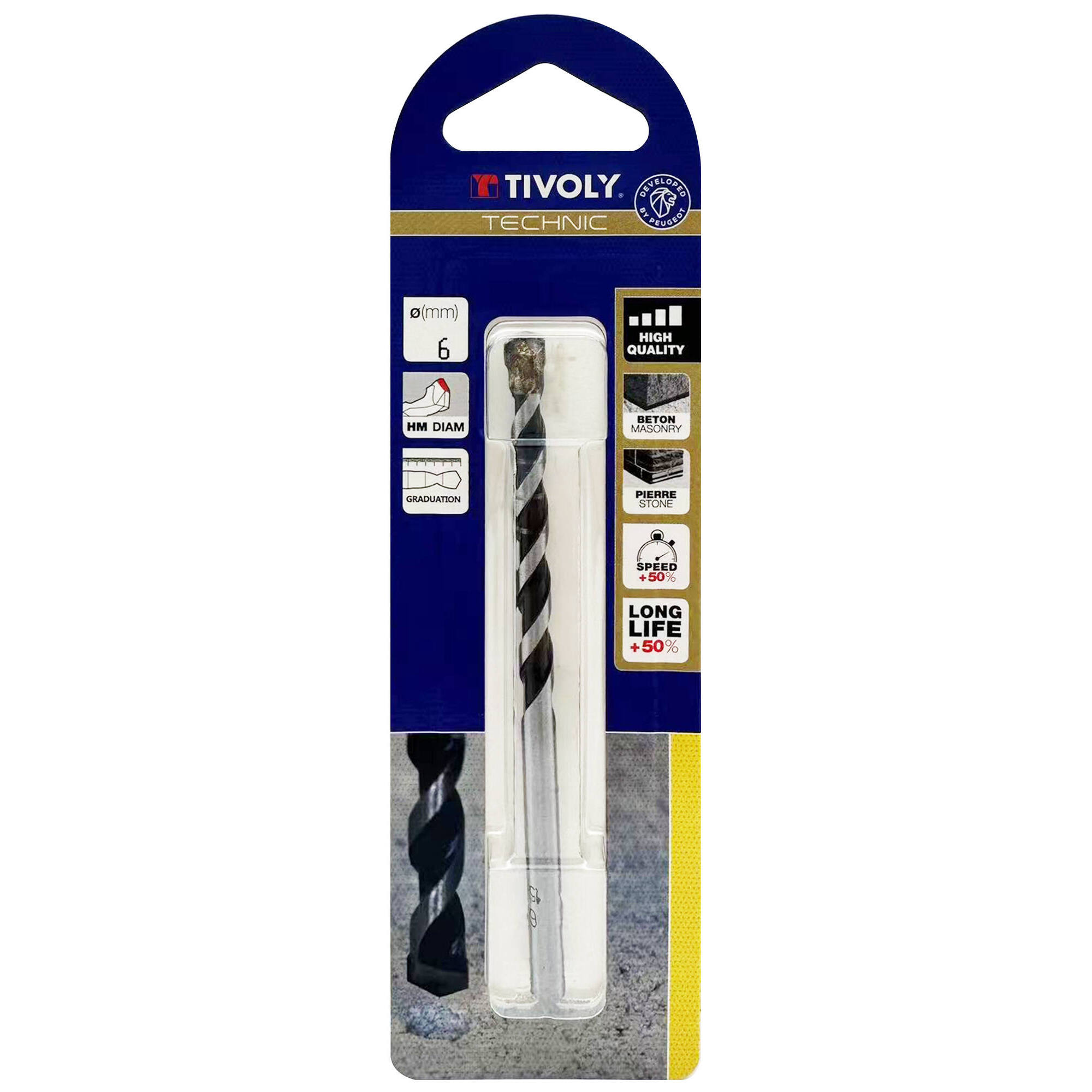 Ø: 6 / Broca para hormigón -Placa de Metal duro afilada con diamante -Mango cilíndrico -Graduada SLR (Blíster) / L: 100