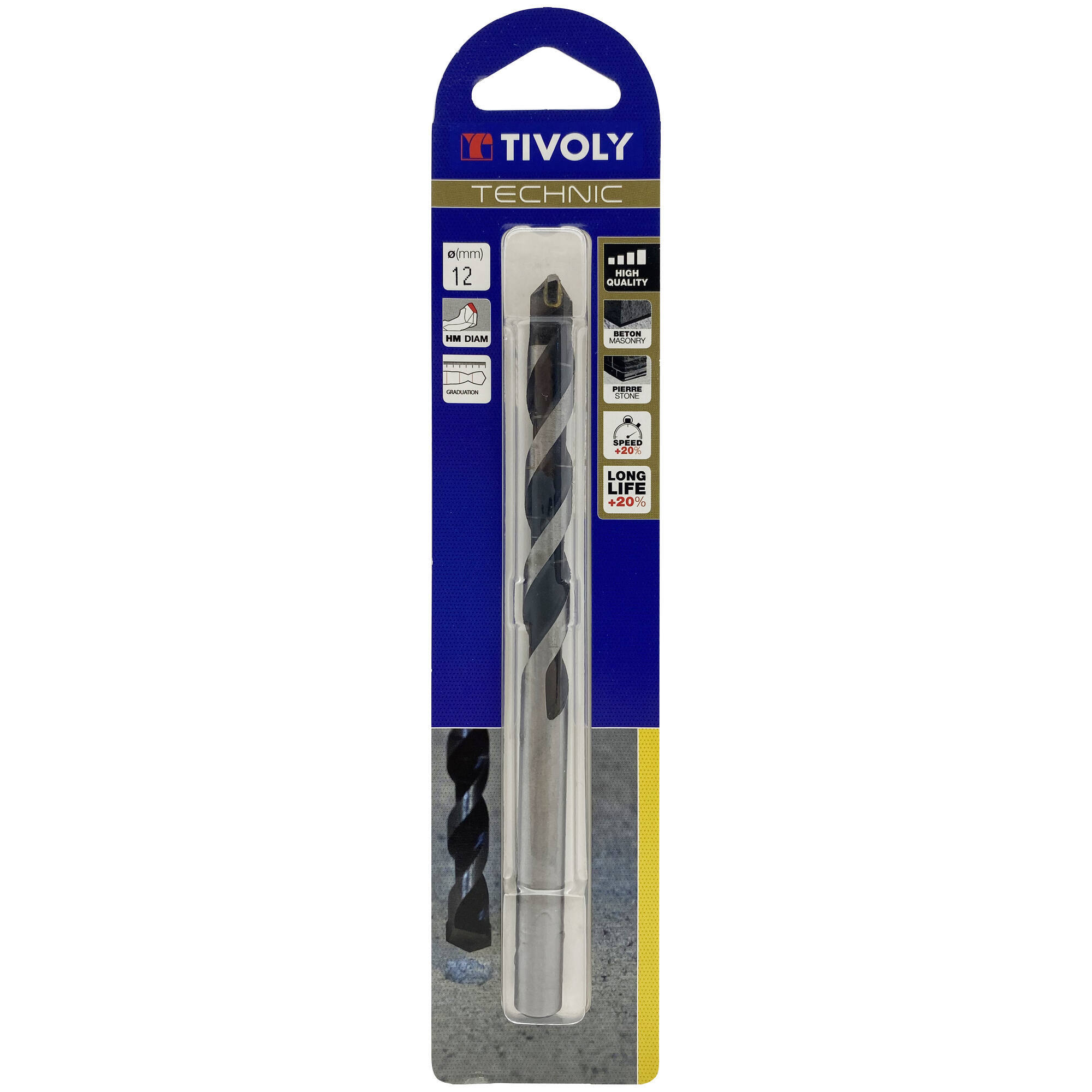 Ø: 12 / Broca para hormigón -Placa de Metal duro afilada con diamante -Mango cilíndrico -Graduada SLR (Blíster) / L: 150