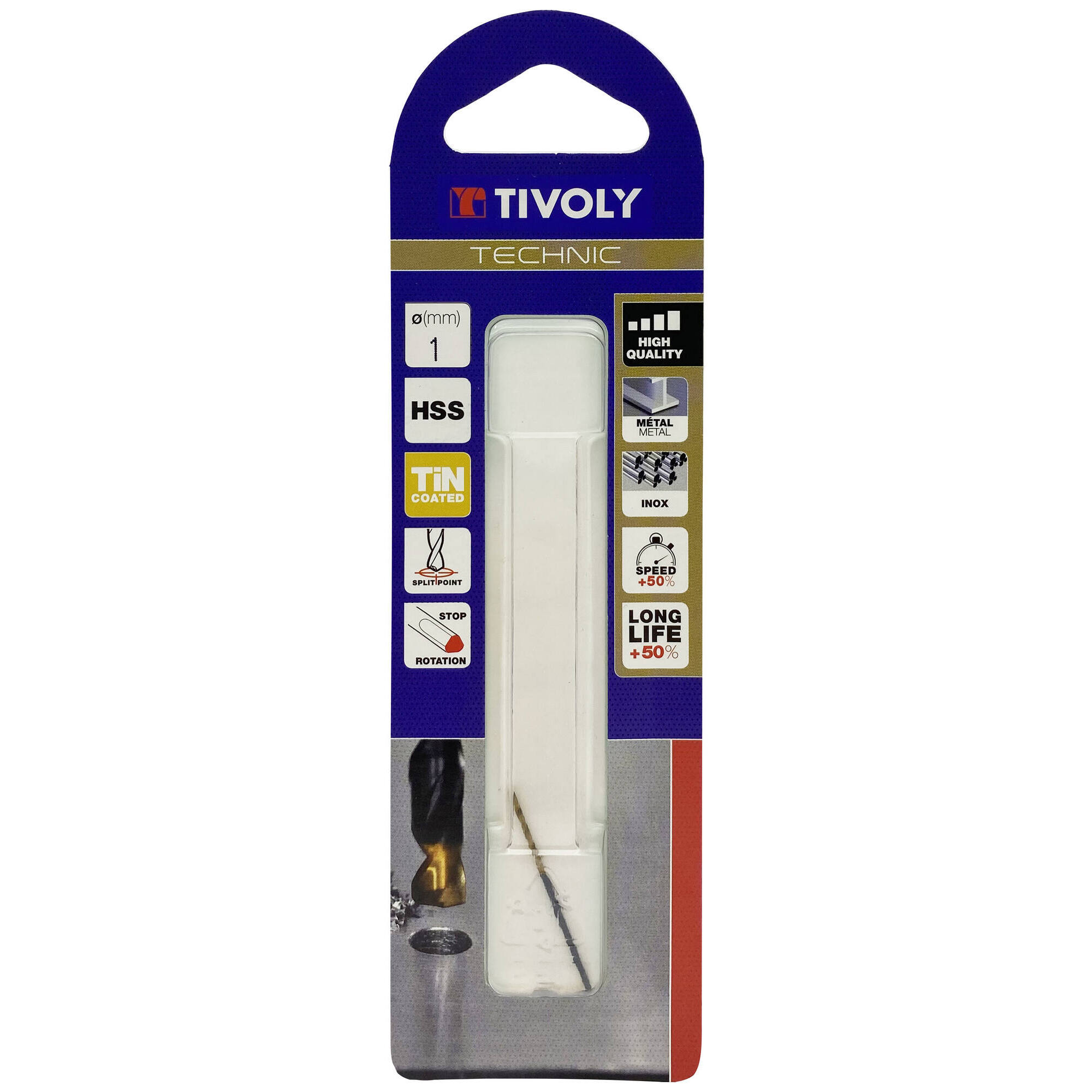 Ø: 1 / L: 34 / Broca para metal HSS -Recubrimiento de la punta con TiN -Afilado SPLIT POINT -Mango de 3 caras (Blíster)