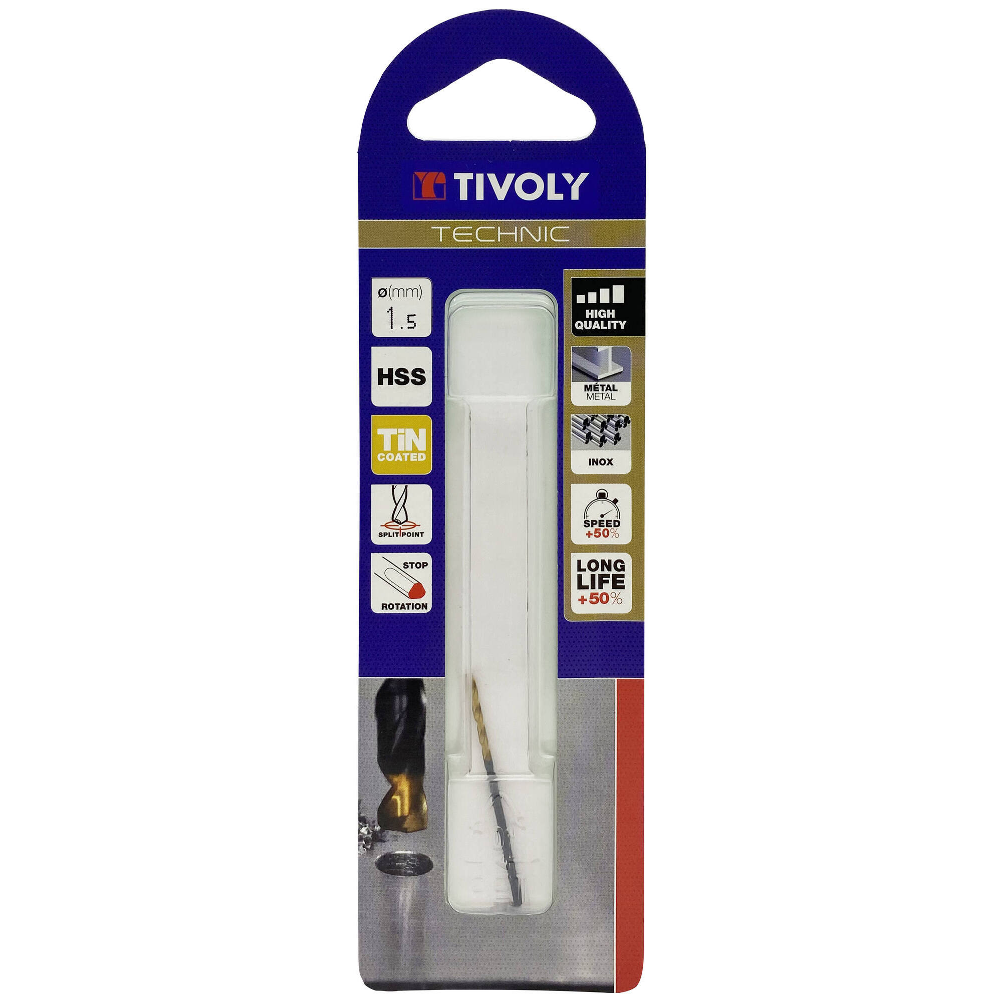 Ø: 1.5 / L: 40 / Broca para metal HSS -Recubrimiento de la punta con TiN -Afilado SPLIT POINT -Mango de 3 caras (Blíster)