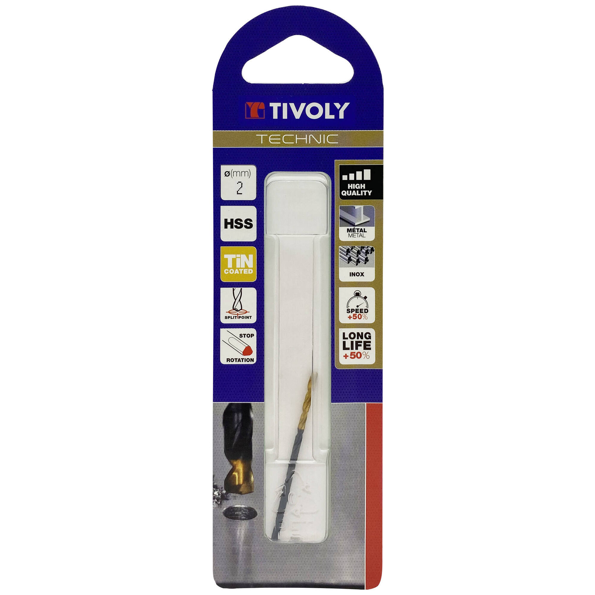 Ø: 2 / L: 49 / Broca para metal HSS -Recubrimiento de la punta con TiN -Afilado SPLIT POINT -Mango de 3 caras (Blíster)