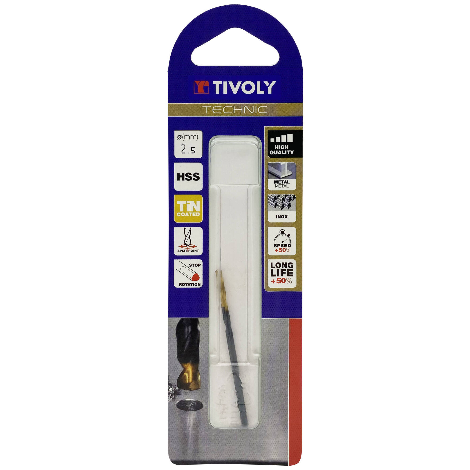 Ø: 2.5 / L: 57 / Broca para metal HSS -Recubrimiento de la punta con TiN -Afilado SPLIT POINT -Mango de 3 caras (Blíster)