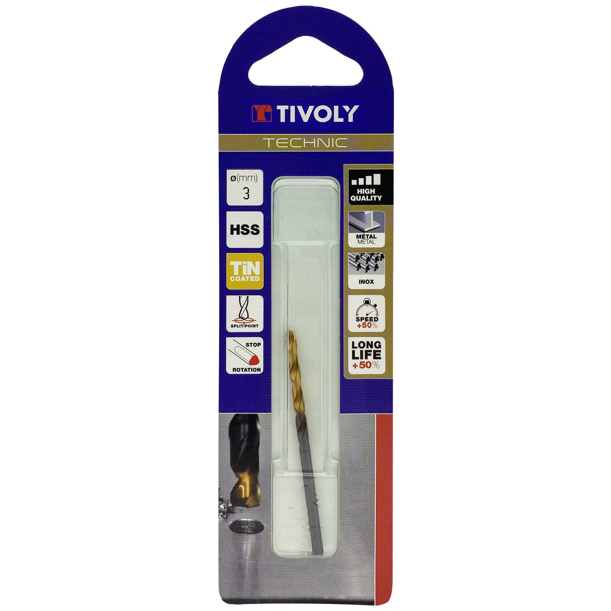 Ø: 3 / L: 61 / Broca para metal HSS -Recubrimiento de la punta con TiN -Afilado SPLIT POINT -Mango de 3 caras (Blíster)