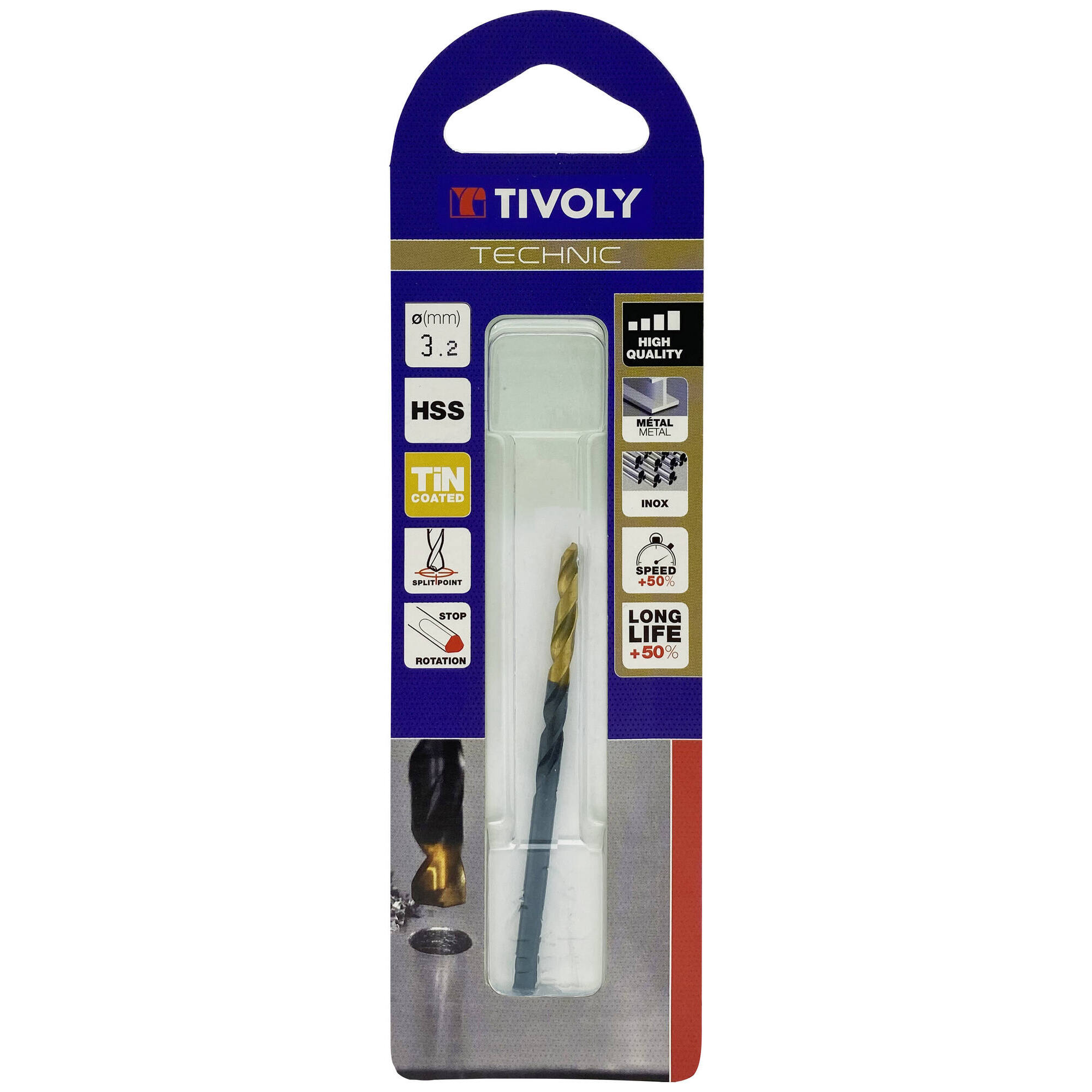 Ø: 3.2 / L: 65 / Broca para metal HSS -Recubrimiento de la punta con TiN -Afilado SPLIT POINT -Mango de 3 caras (Blíster)