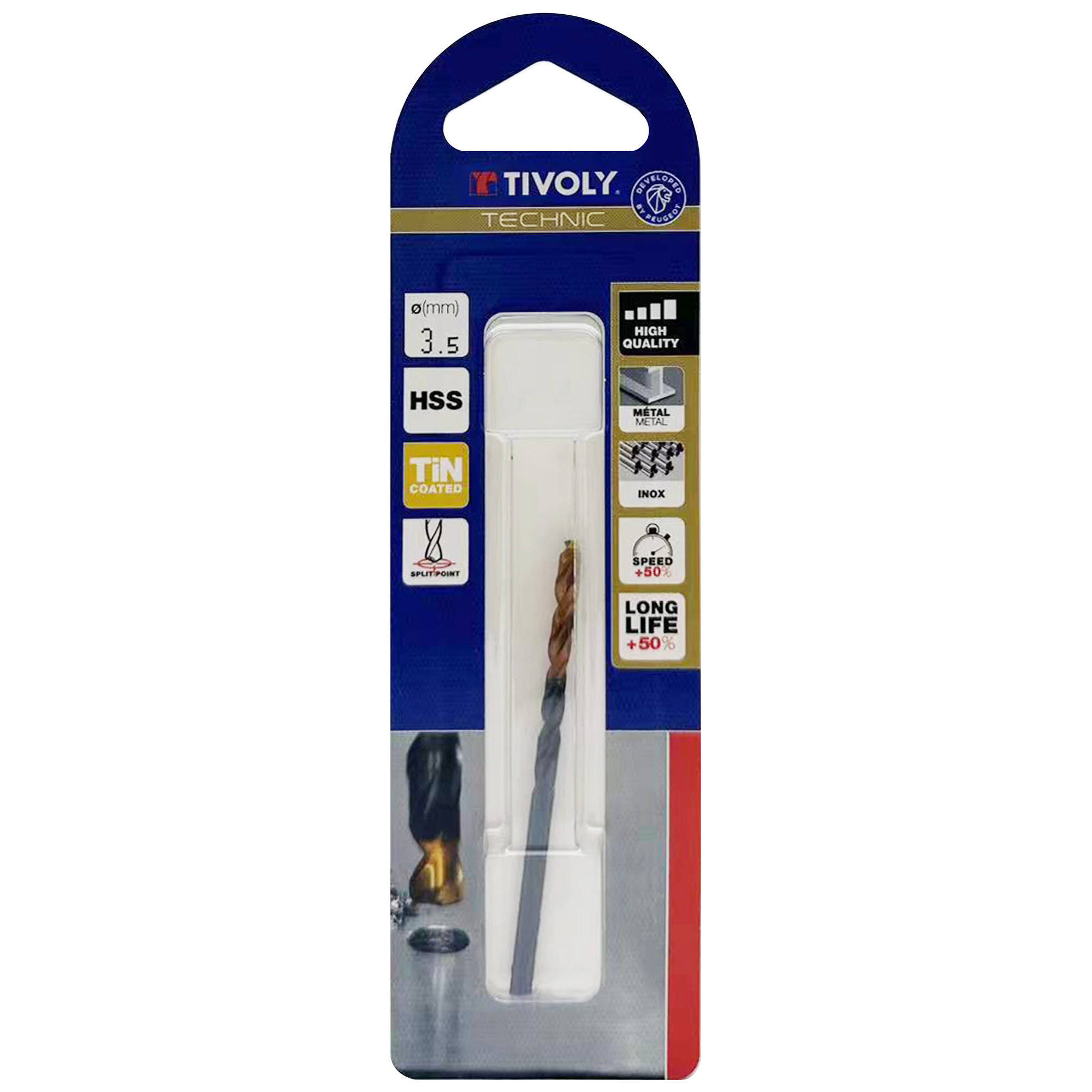 Ø: 3.5 / L: 70 / Broca para metal HSS -Recubrimiento de la punta con TiN -Afilado SPLIT POINT -Mango de 3 caras (Blíster)