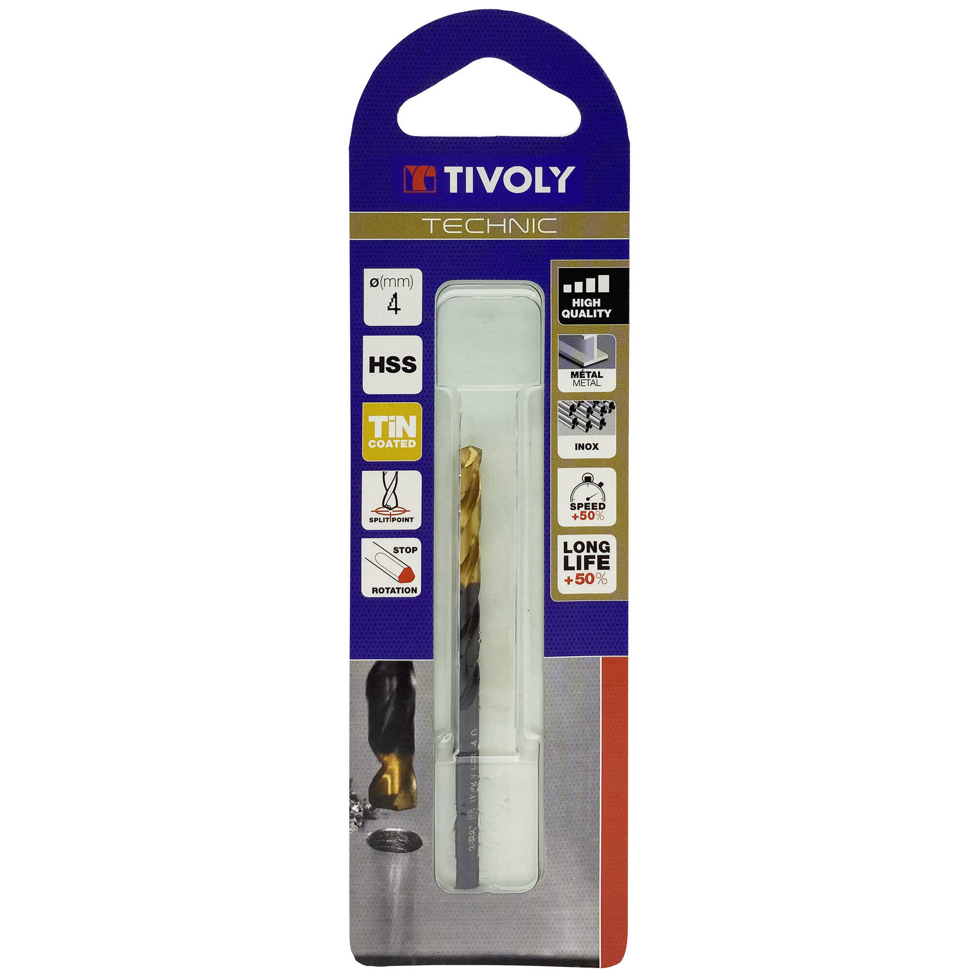 Ø: 4 / L: 75 / Broca para metal HSS -Recubrimiento de la punta con TiN -Afilado SPLIT POINT -Mango de 3 caras (Blíster)