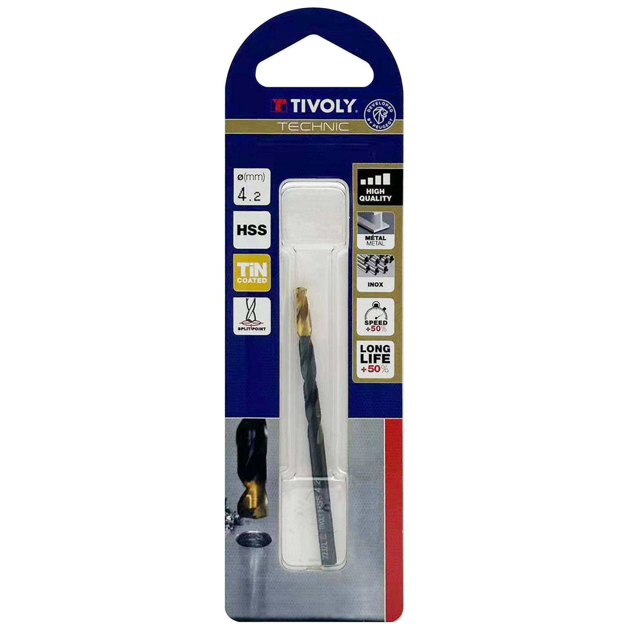 Ø: 4.2 / L: 75 / Broca para metal HSS -Recubrimiento de la punta con TiN -Afilado SPLIT POINT -Mango de 3 caras (Blíster)